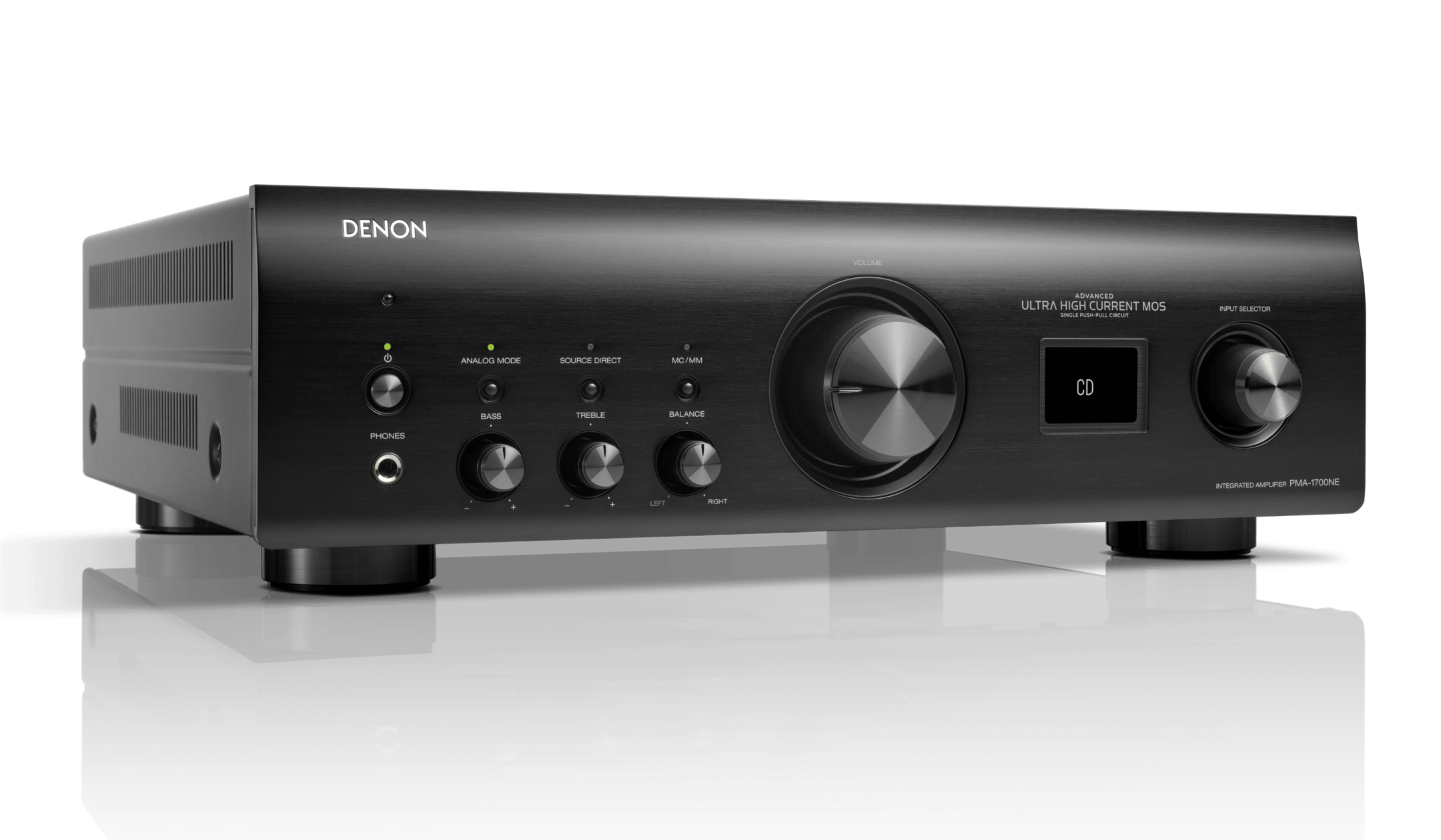 Amplificator Denon PMA-1700NE, vedere unghiulară, negru. Afișează butoanele de control și selectorul de intrare.