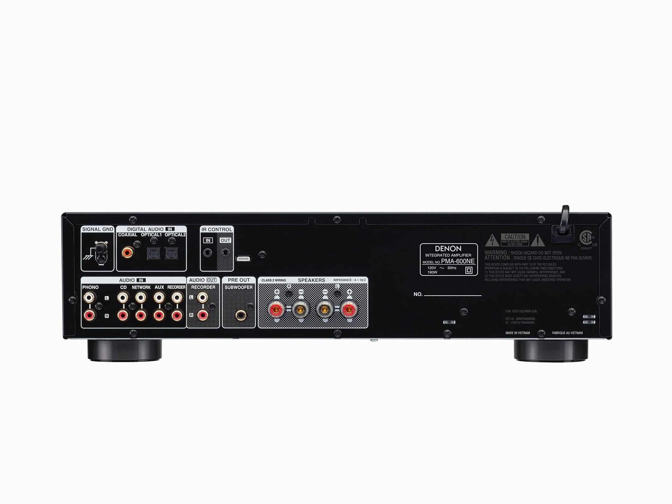 Imagine cu spatele amplificatorului Denon PMA-600NE, arătând porturile de intrare/ieșire audio și conexiunile pentru boxe.