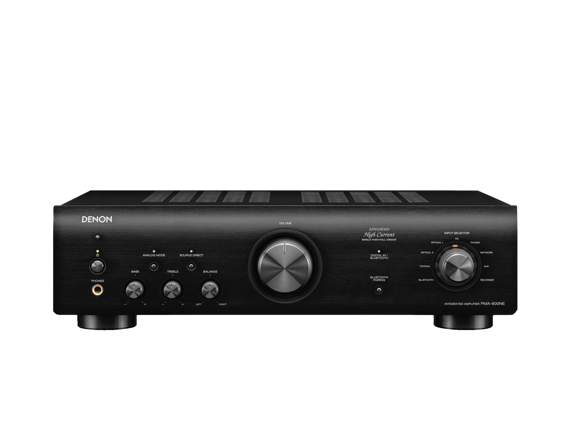 Amplificator Denon PMA-600NE negru, vedere frontală. Afișează butoane de volum, selector intrare și reglaje ton.