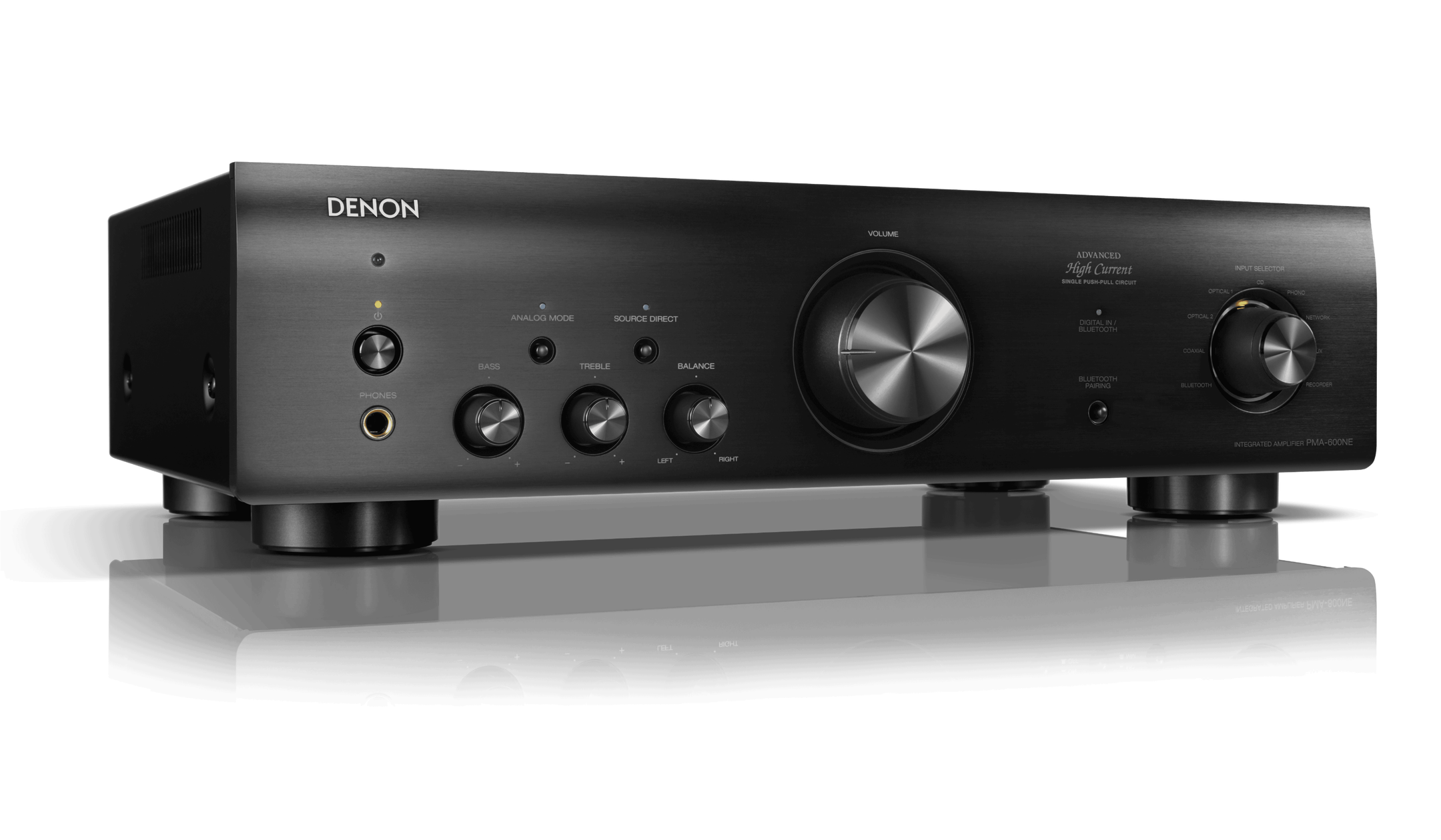 Amplificator Denon PMA-600NE, unghi lateral, negru. Vizibile: butoane volum, bas, treble, balans, selector intrare.