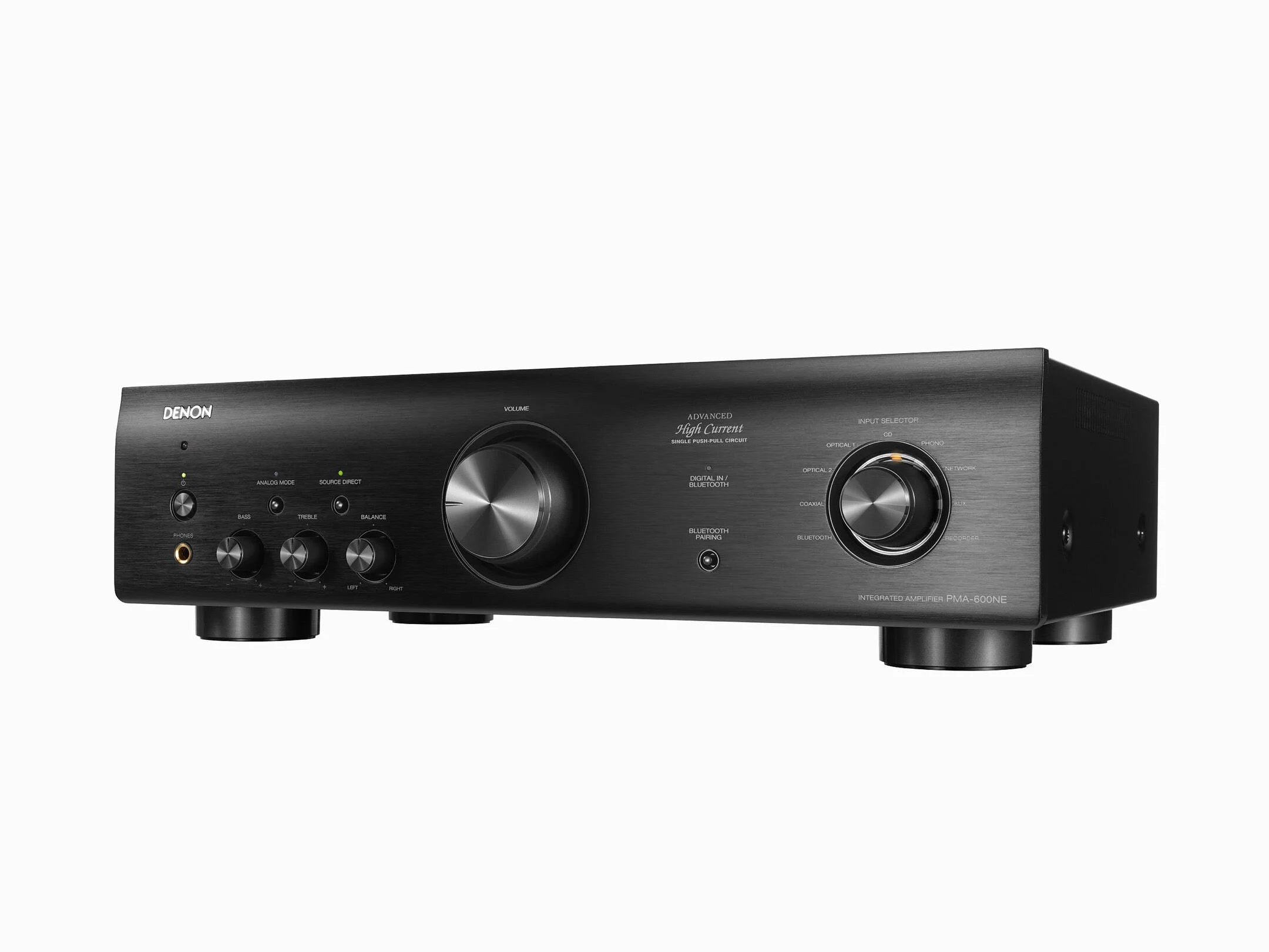 Amplificator Denon PMA-600NE, vedere laterală, negru, afișează butoane de volum, selector intrare și control tonalitate.