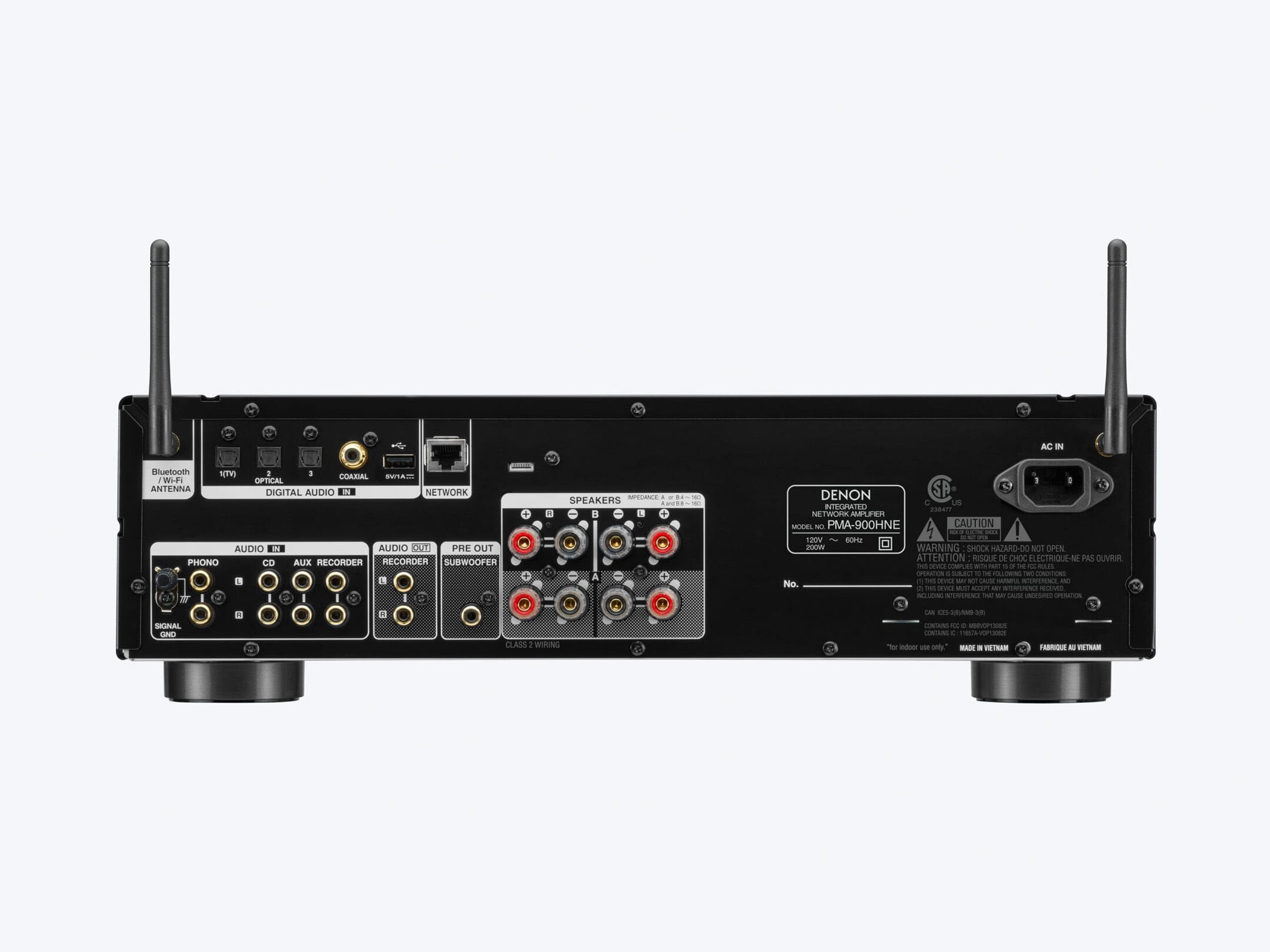 Spatele amplificatorului Denon PMA-900HNE negru, cu porturi audio, antene Wi-Fi/Bluetooth și conexiuni difuzoare.