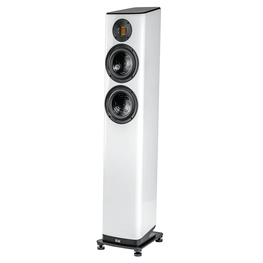 Boxă de podea Elac Vela FS 407.2 albă, vedere frontală stânga, cu două difuzoare și tweeter vizibile.#color_white