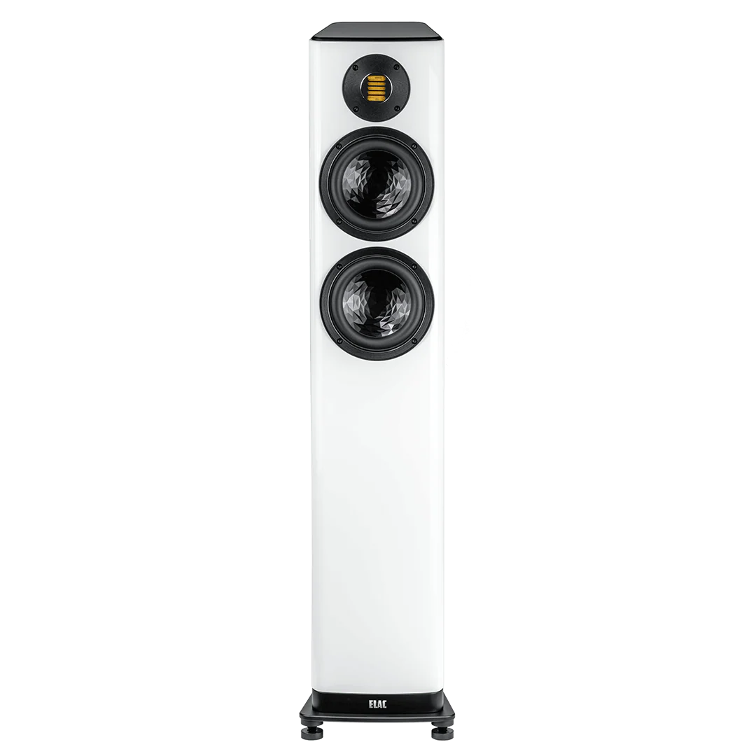 Boxă de podea Elac Vela FS 407.2 alb lucios, vedere frontală cu două woofere și un tweeter vizibile.