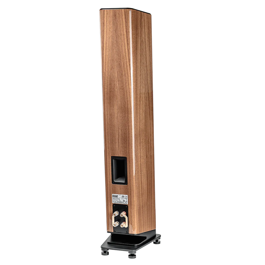 Boxa de podea Elac Vela FS 407.2, vedere spate, finisaj lemn, port bass reflex și conectori bi-wire.