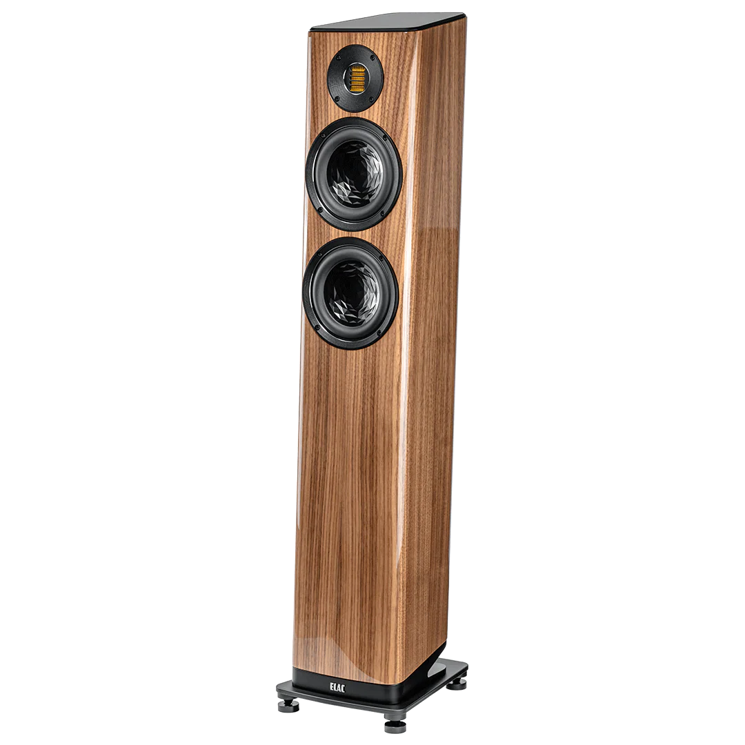 Boxă de podea Elac Vela FS 407.2, vedere frontală unghiulară, finisaj lemn, 2 difuzoare și tweeter JET.