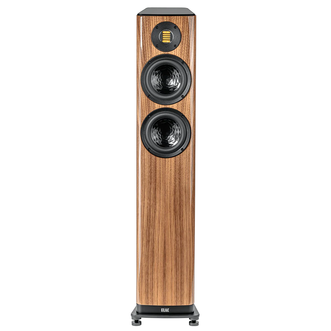 Boxă de podea Elac Vela FS 407.2, vedere frontală, finisaj lemn, 2 difuzoare medii și tweeter AMT.