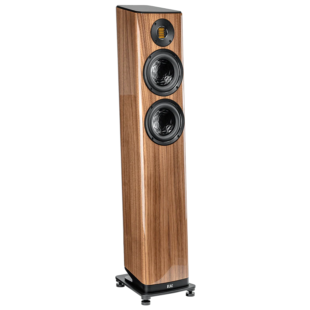 Boxă de podea Elac Vela FS 407.2 finisaj lemn, vedere frontală stânga, 2 difuzoare și tweeter vizibile.