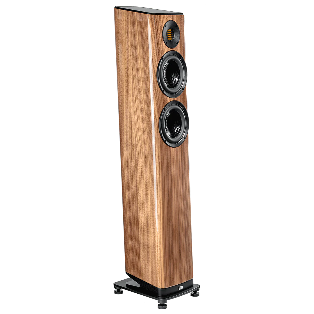 Boxă de podea Elac Vela FS 407.2 finisaj lemn, vedere laterală stânga, 2 difuzoare medii și tweeter vizibile.