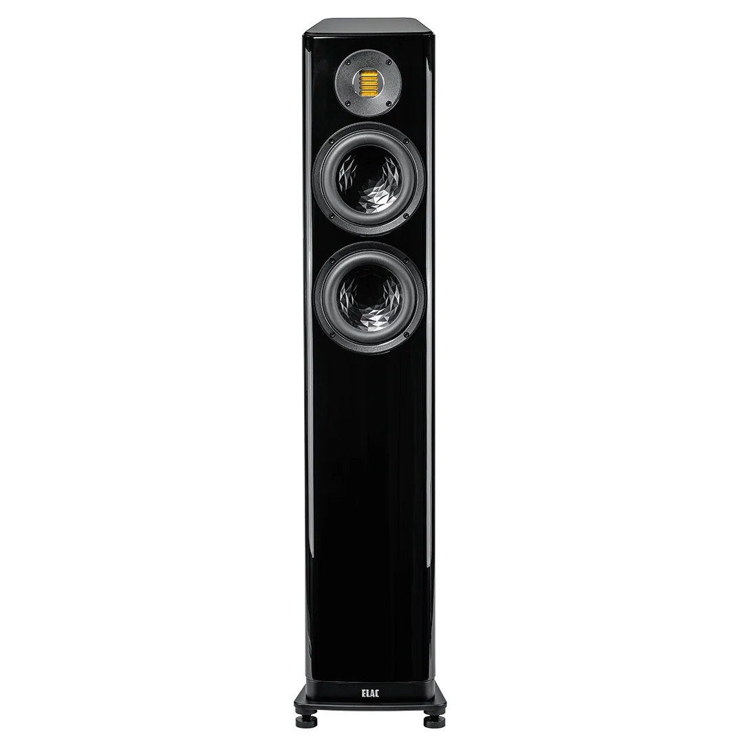 Boxă de podea Elac Vela FS 407.2 neagră, vedere frontală cu două difuzoare mid-bass și tweeter AMT.