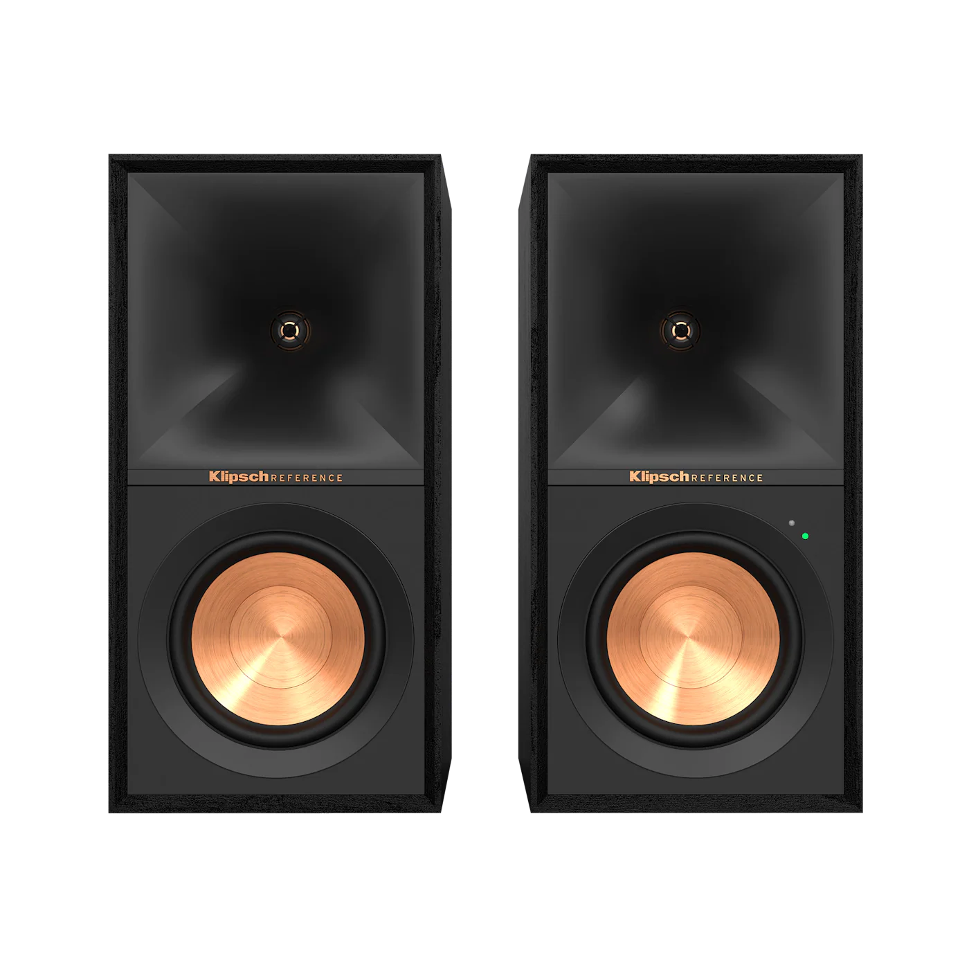 Boxe active Klipsch R-50PM negre, vedere frontală, difuzoare cu woofer cupru și LED de stare.