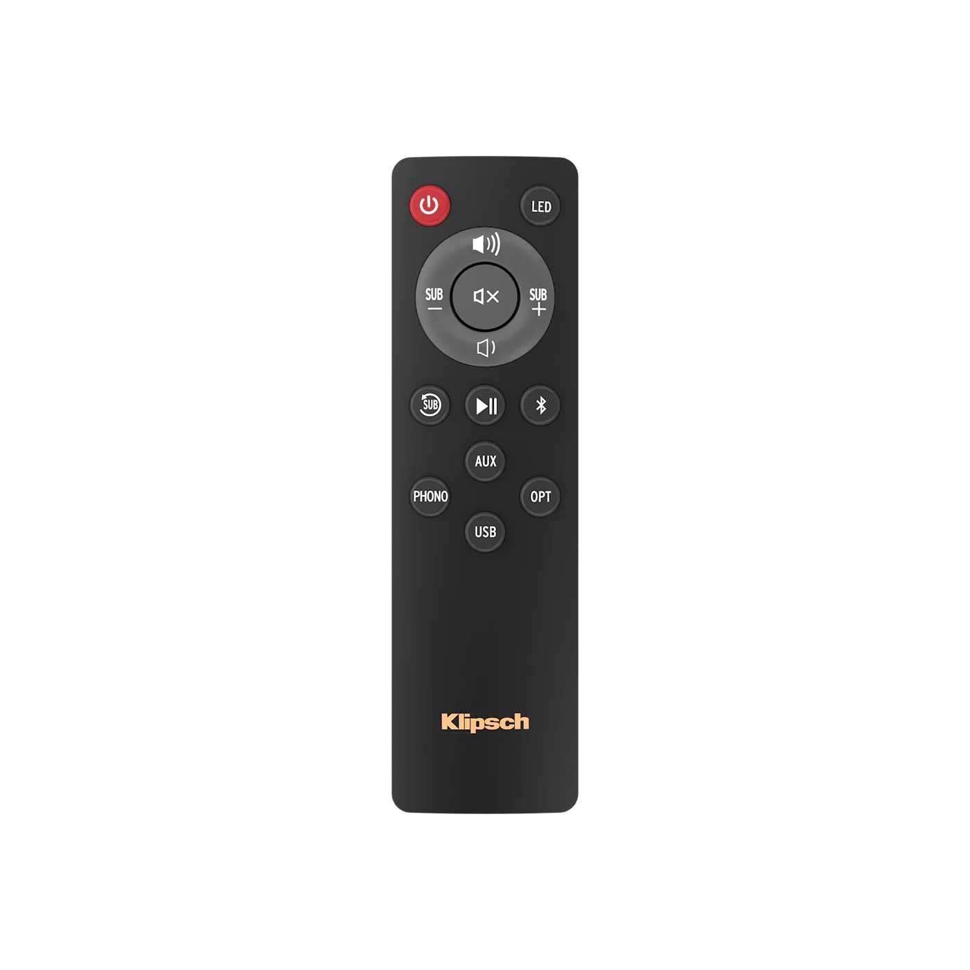 Telecomandă neagră pentru boxe active Klipsch R-50PM, cu butoane pentru volum, surse și subwoofer.