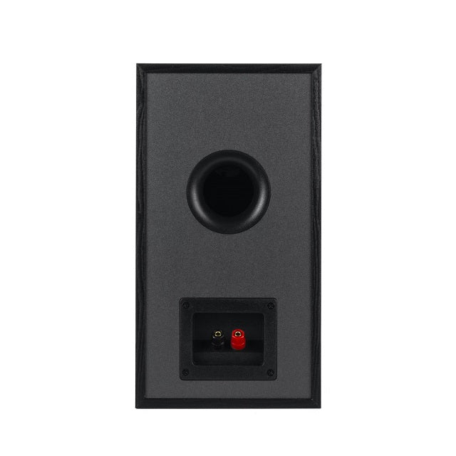 Spatele boxei Klipsch R-51M negru, cu port bass reflex circular și conectori audio roșu/negru vizibili.