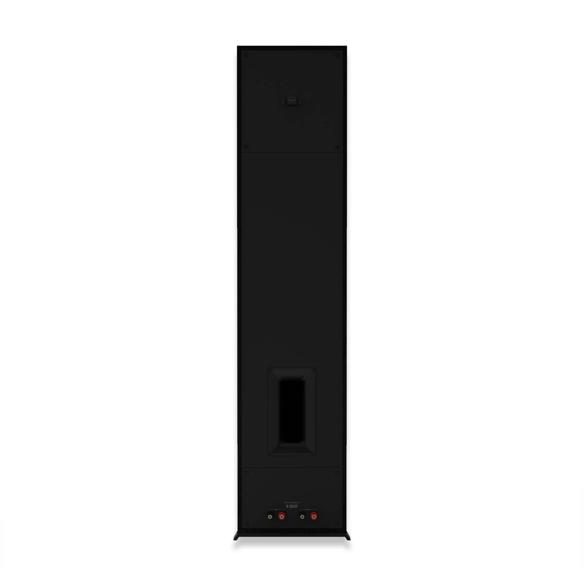 Spatele boxei de podea Klipsch R-600F negru, cu port bass reflex și conectori audio vizibili jos.