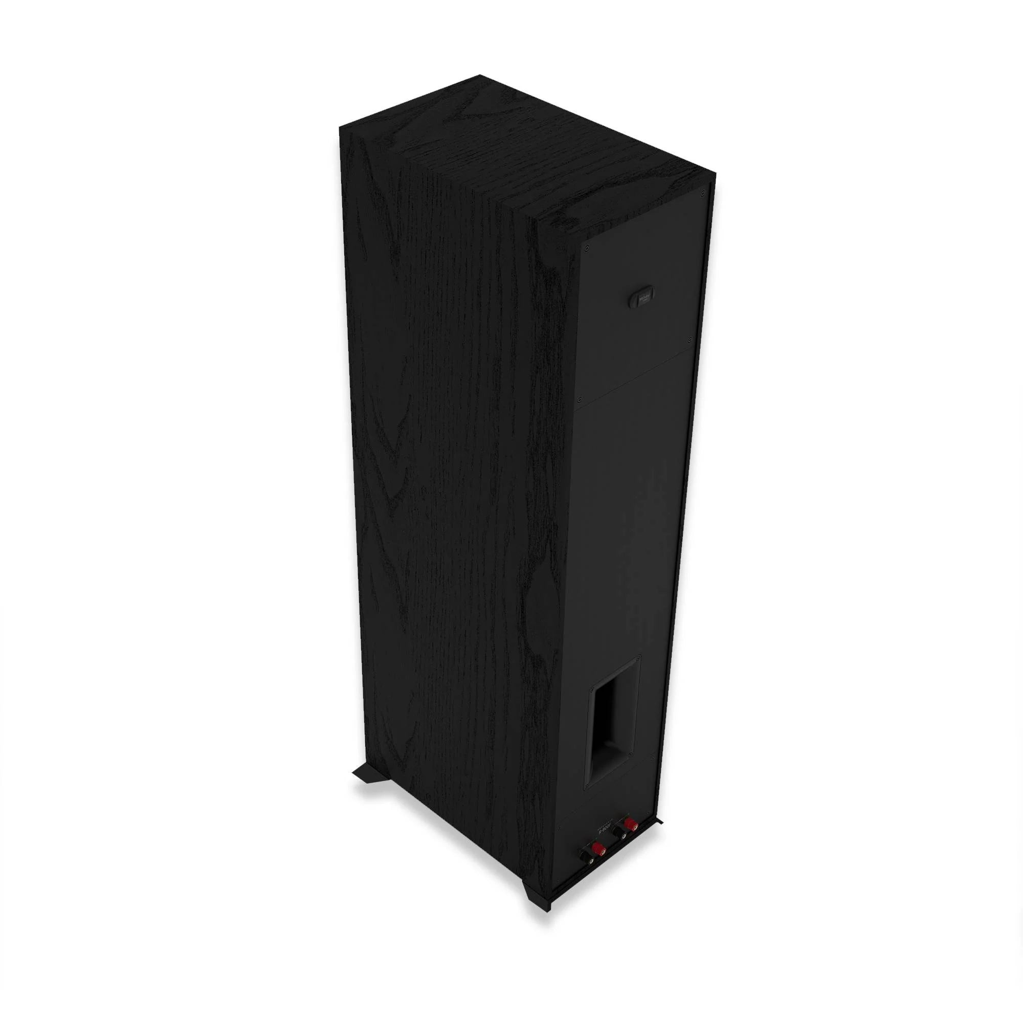 Boxă de podea Klipsch R-600F neagră, vedere spate, port bass reflex și conectori audio vizibili.
