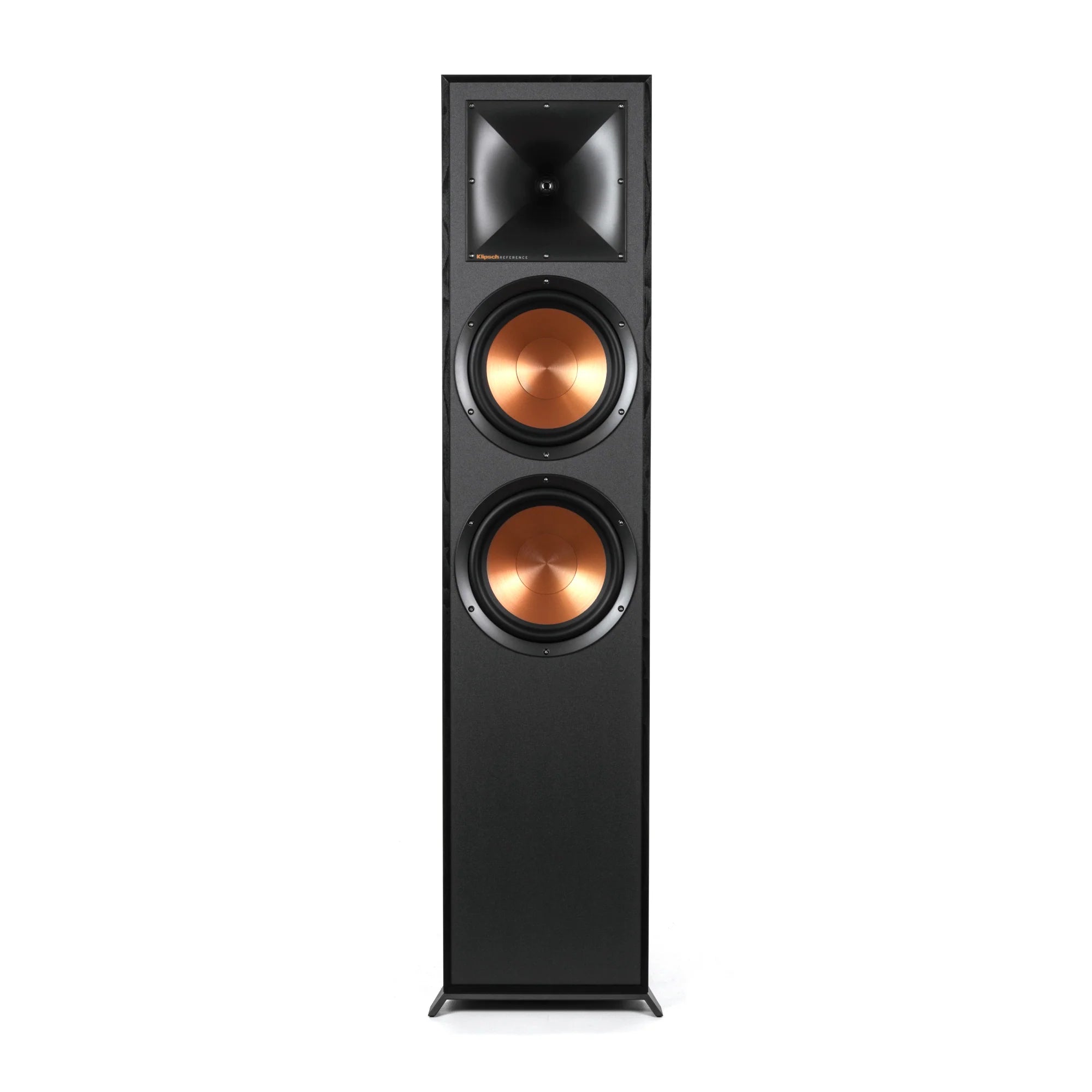 Boxă de podea Klipsch R-820F negru, vedere frontală, cu două woofere de 8” și un tweeter Tractrix.