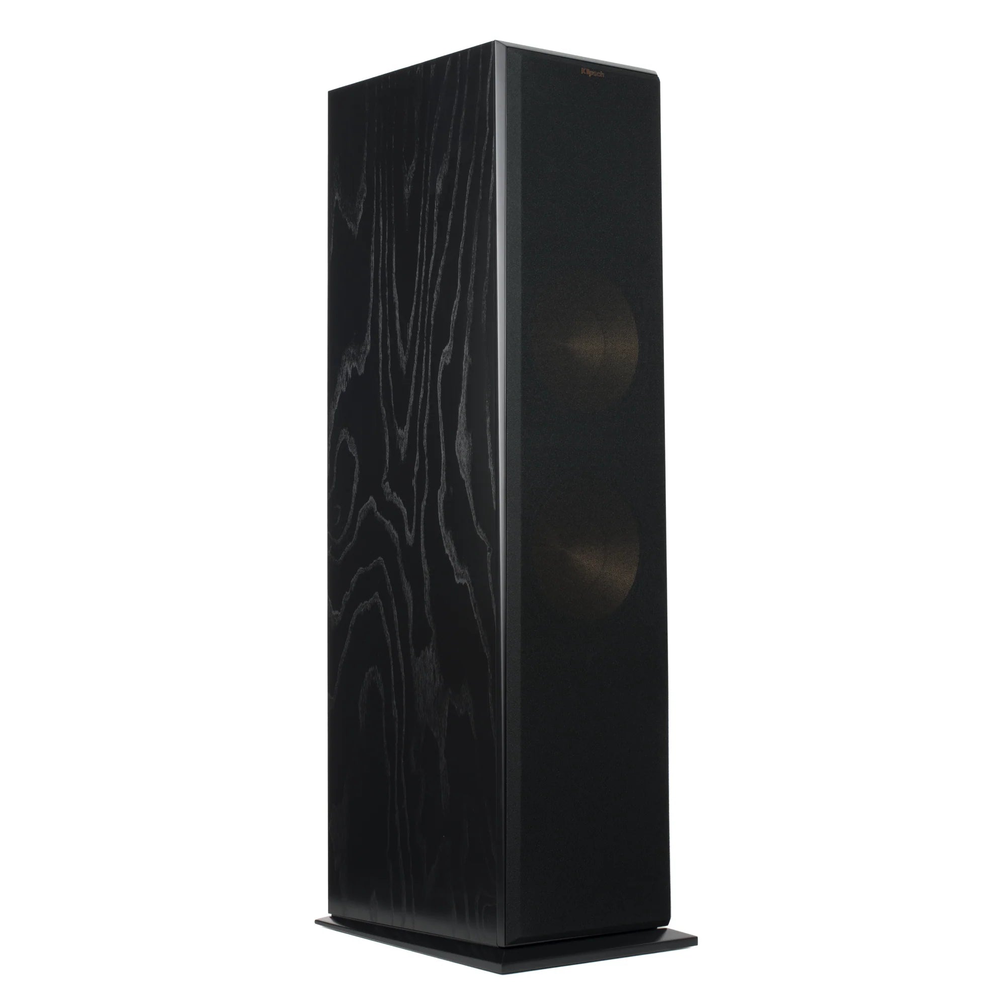 Boxă de podea Klipsch RF-7 III neagră, vedere din unghi, grilaj frontal montat, carcasă din lemn.