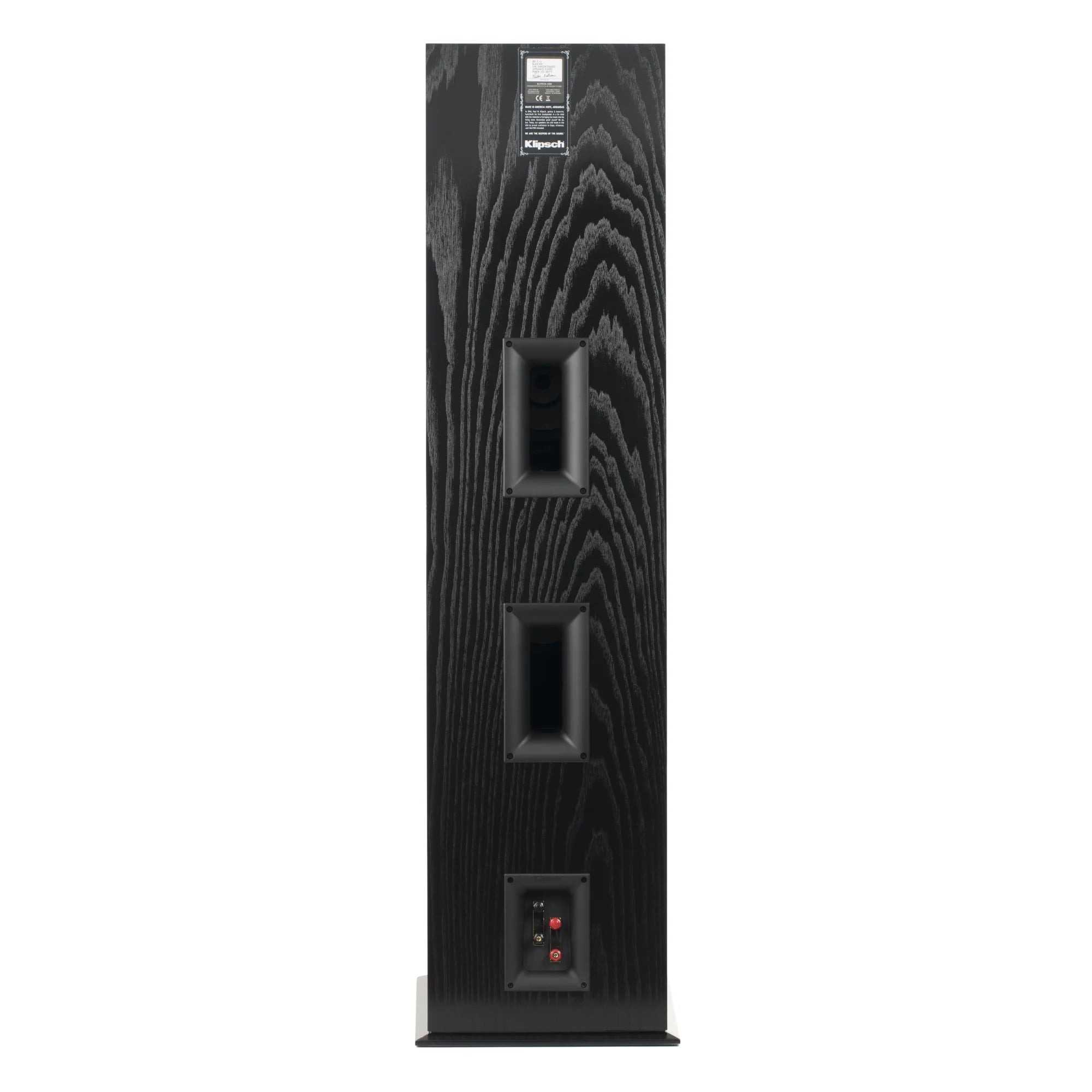 Spatele boxei Klipsch RF-7 III negru, cu două porturi bass reflex și conectori audio bi-wire vizibili.