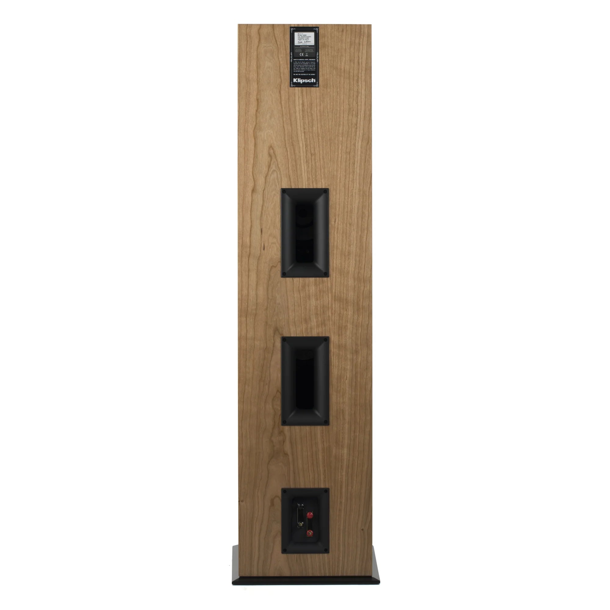 Spatele boxei Klipsch RF-7 III culoare Cherry cu porturi bass reflex duble și conectori audio.
