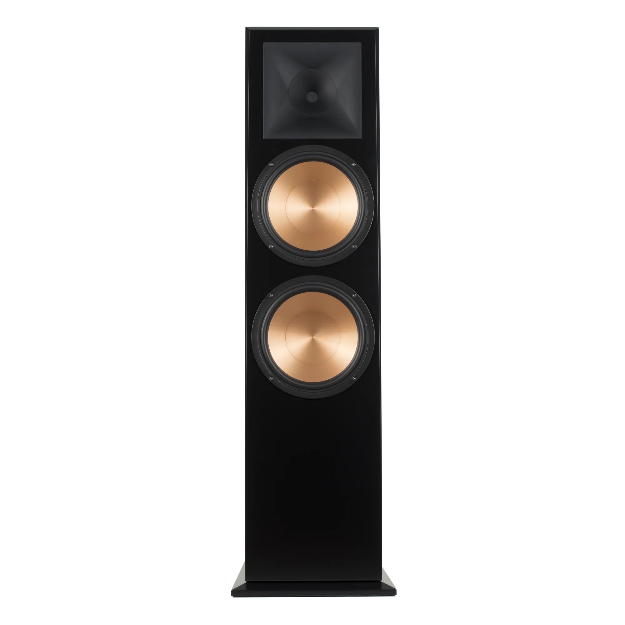 Boxă de podea Klipsch RF-7 III neagră, vedere frontală cu două woofere de 10" și tweeter Tractrix.