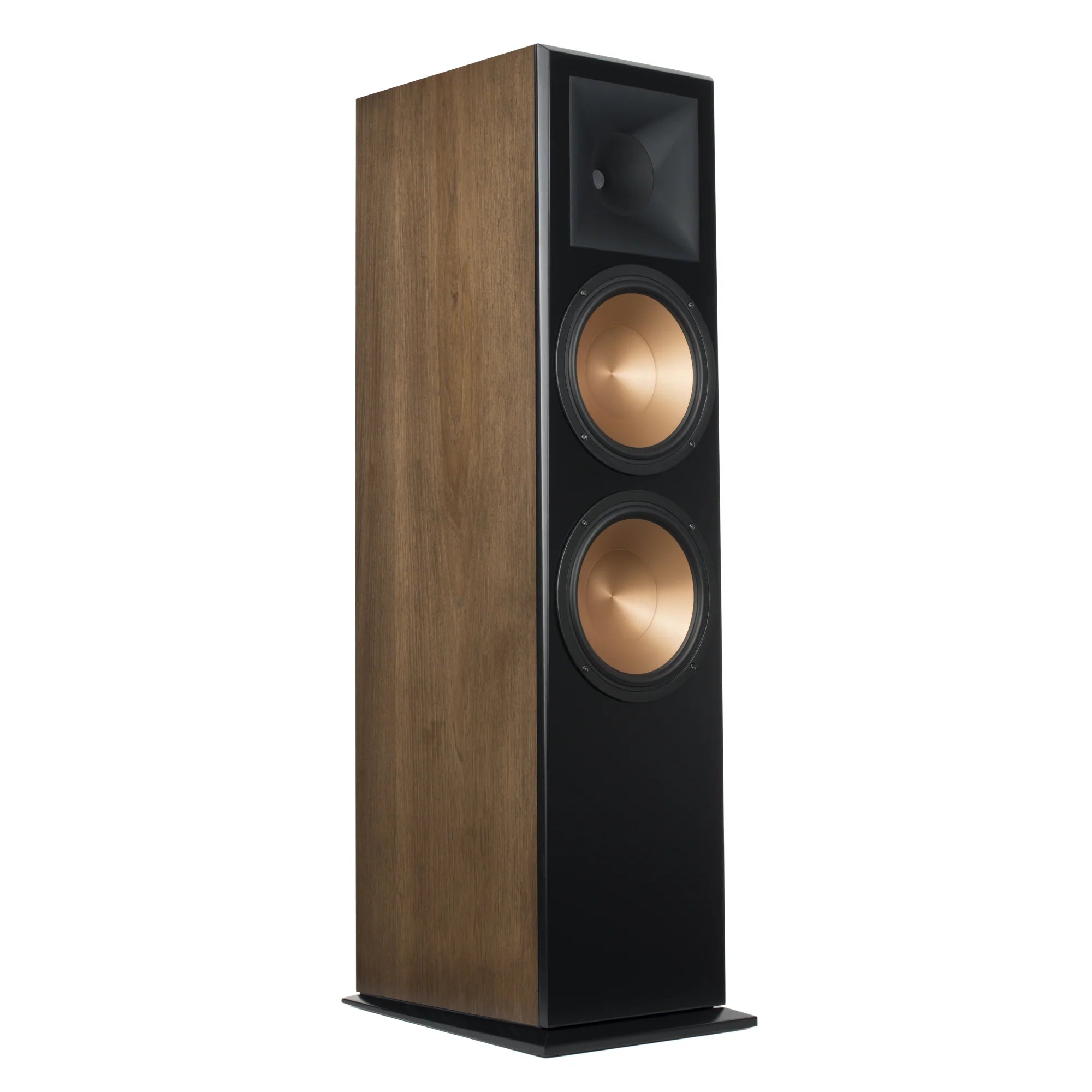 Boxă de podea Klipsch RF-7 III culoare Walnut, vedere unghiulară, cu două woofere și un tweeter vizibile.
