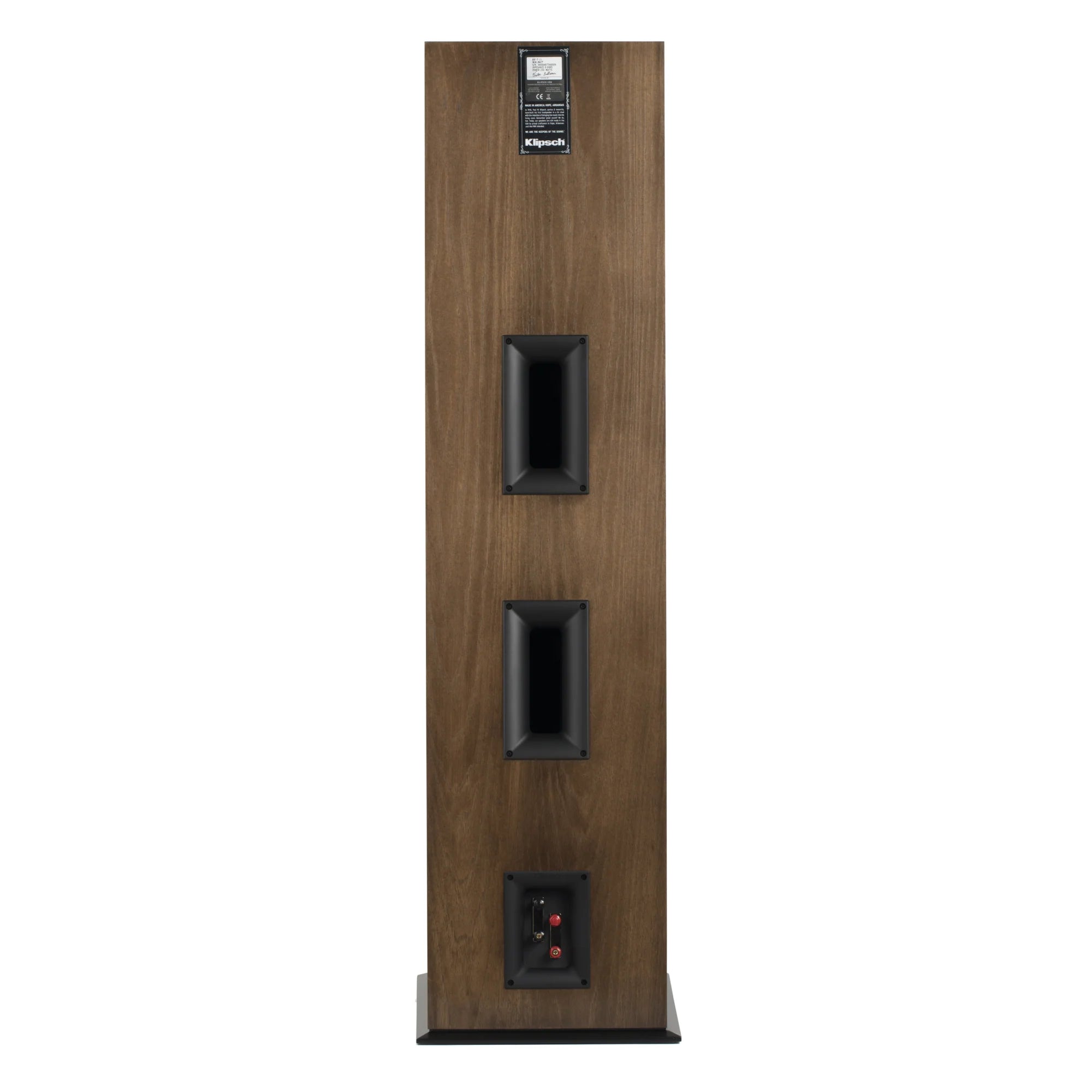 Spatele boxei Klipsch RF-7 III culoare nuc, cu porturi duble de bass reflex și conectori audio vizibili.