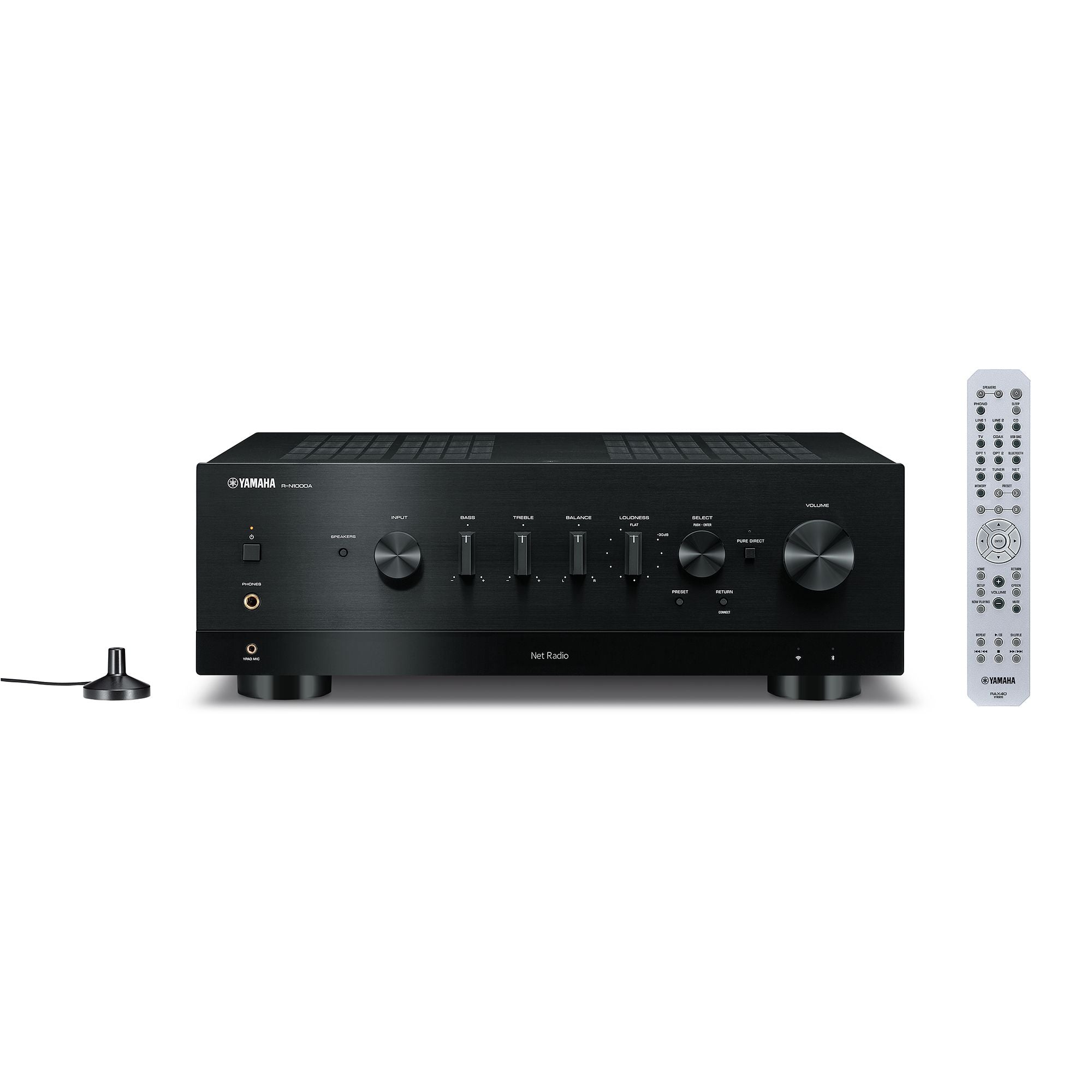 Yamaha R-N1000A Receiver AV, vedere frontală, culoare neagră, cu butoane de control și telecomandă inclusă.