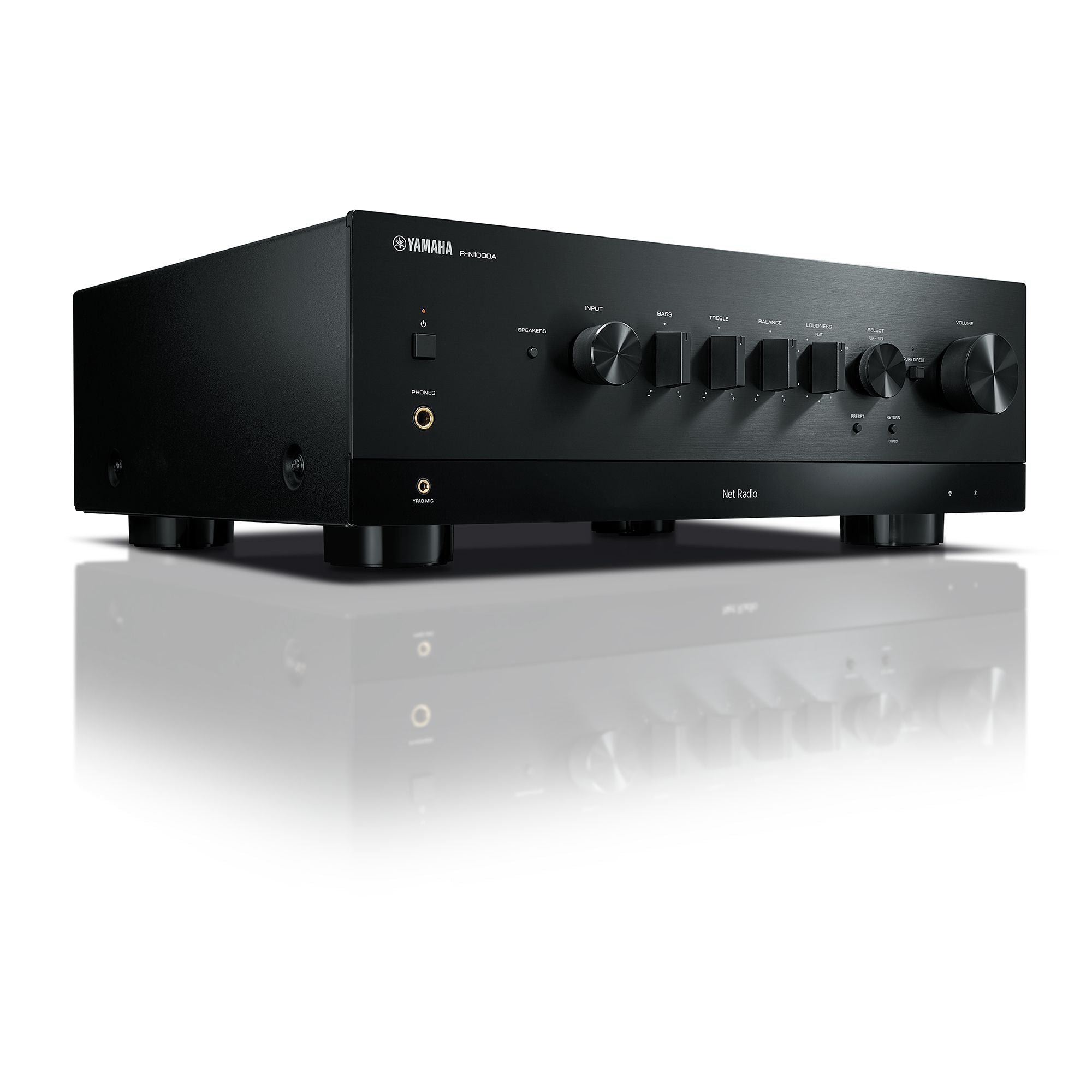 Yamaha R-N1000A Receiver AV negru, vedere stânga-față. Prezintă butoane de control și intrare pentru căști.