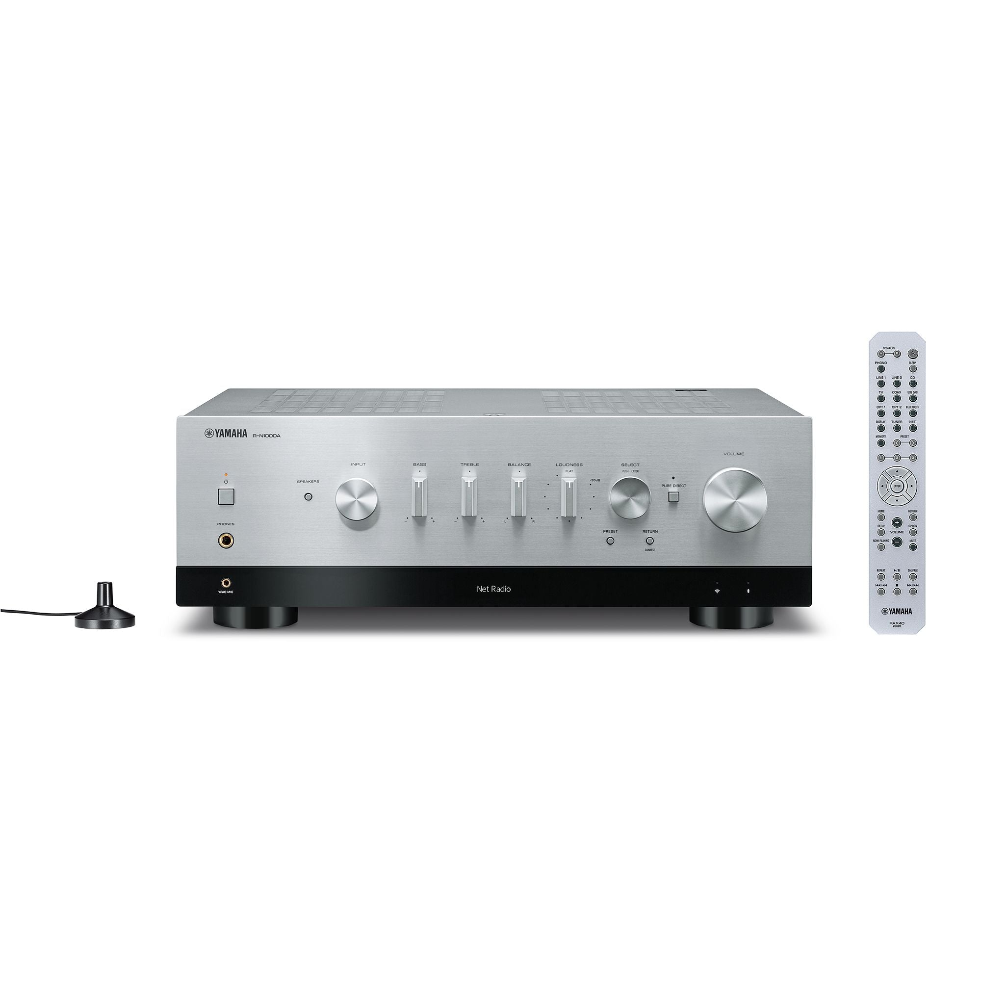 Receiver Yamaha R-N1000A argintiu, vedere frontală. Afișează butoanele de control și telecomanda.