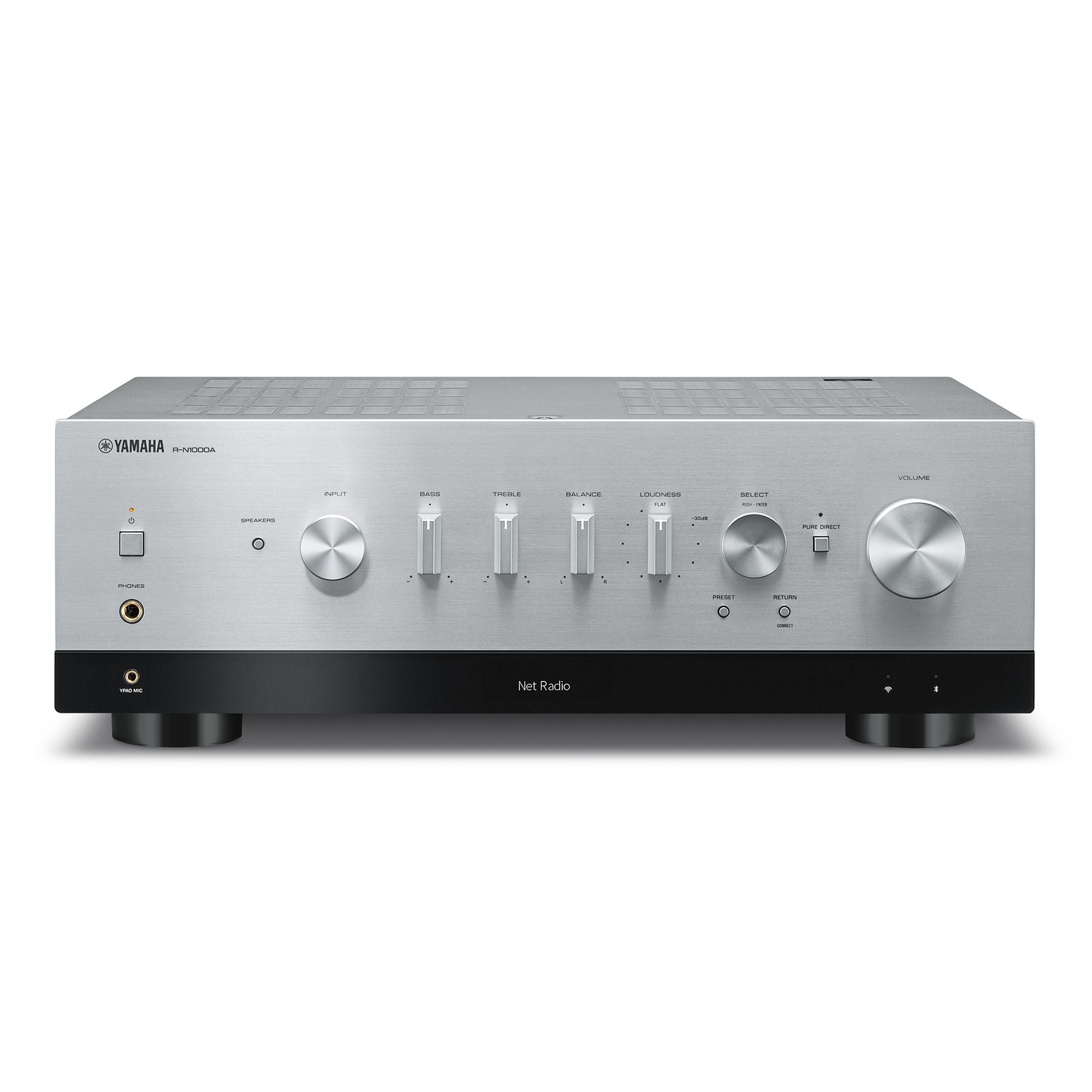 Receptor AV Yamaha R-N1000A argintiu, vedere frontală. Afișează butoanele de control pentru bass, treble, balans și volum, cu intrare pentru căști și difuzoare.#color_silver
