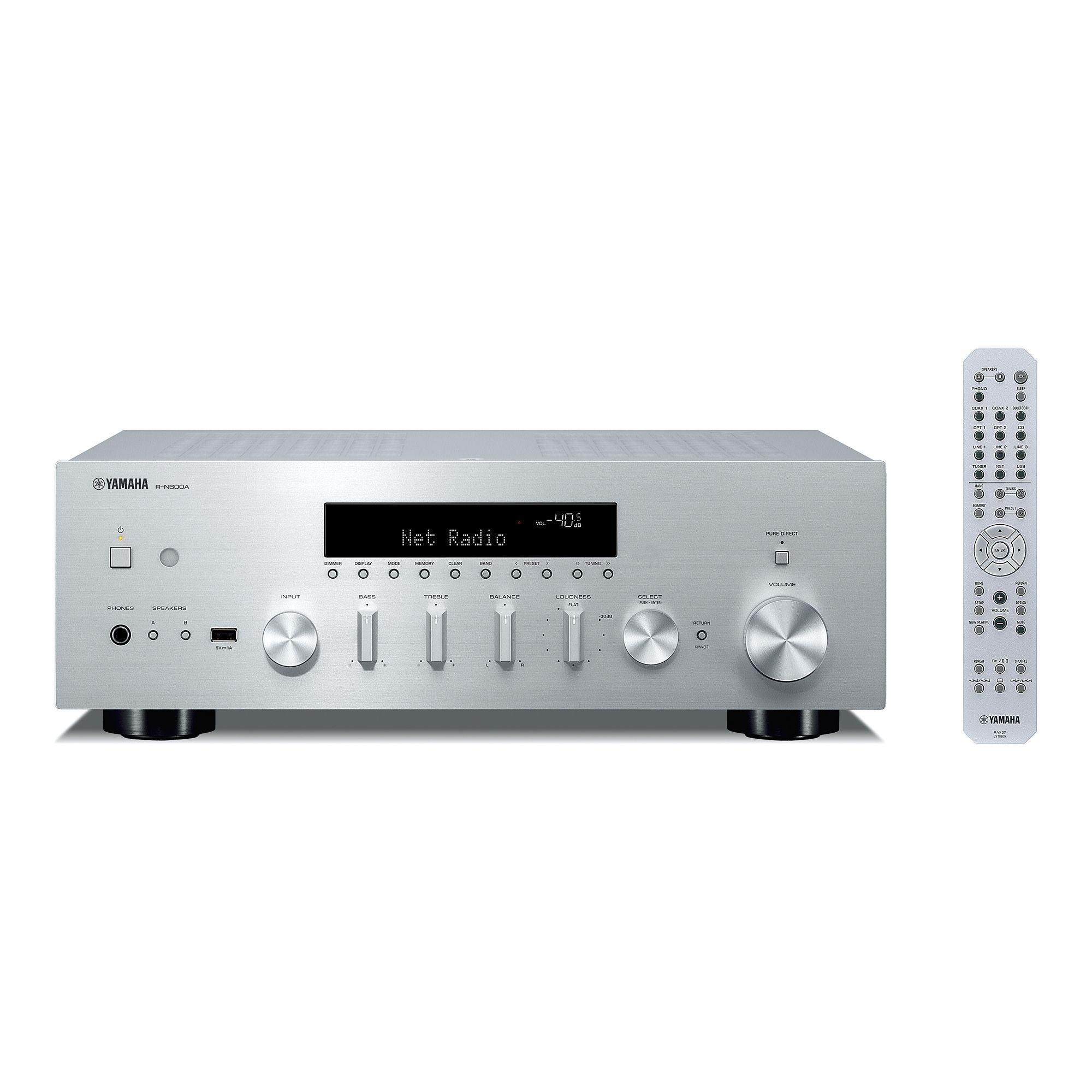 Receptor audio Yamaha R-N600A argintiu, vedere frontală. Afișaj digital, butoane control sunet și volum.