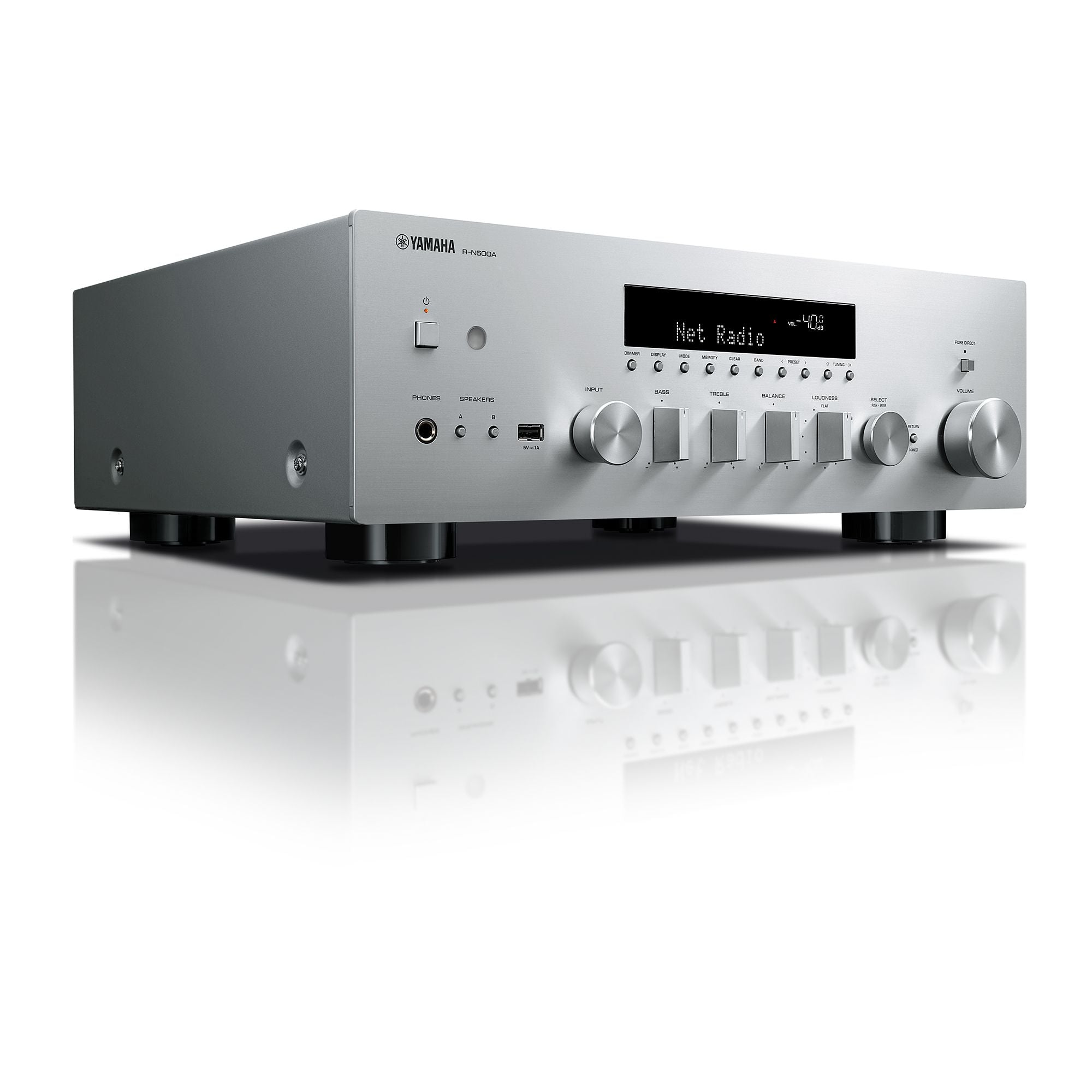 Yamaha R-N600A Receiver AV argintiu, vedere laterală stânga. Afișaj digital, control volum, intrări USB și căști.
