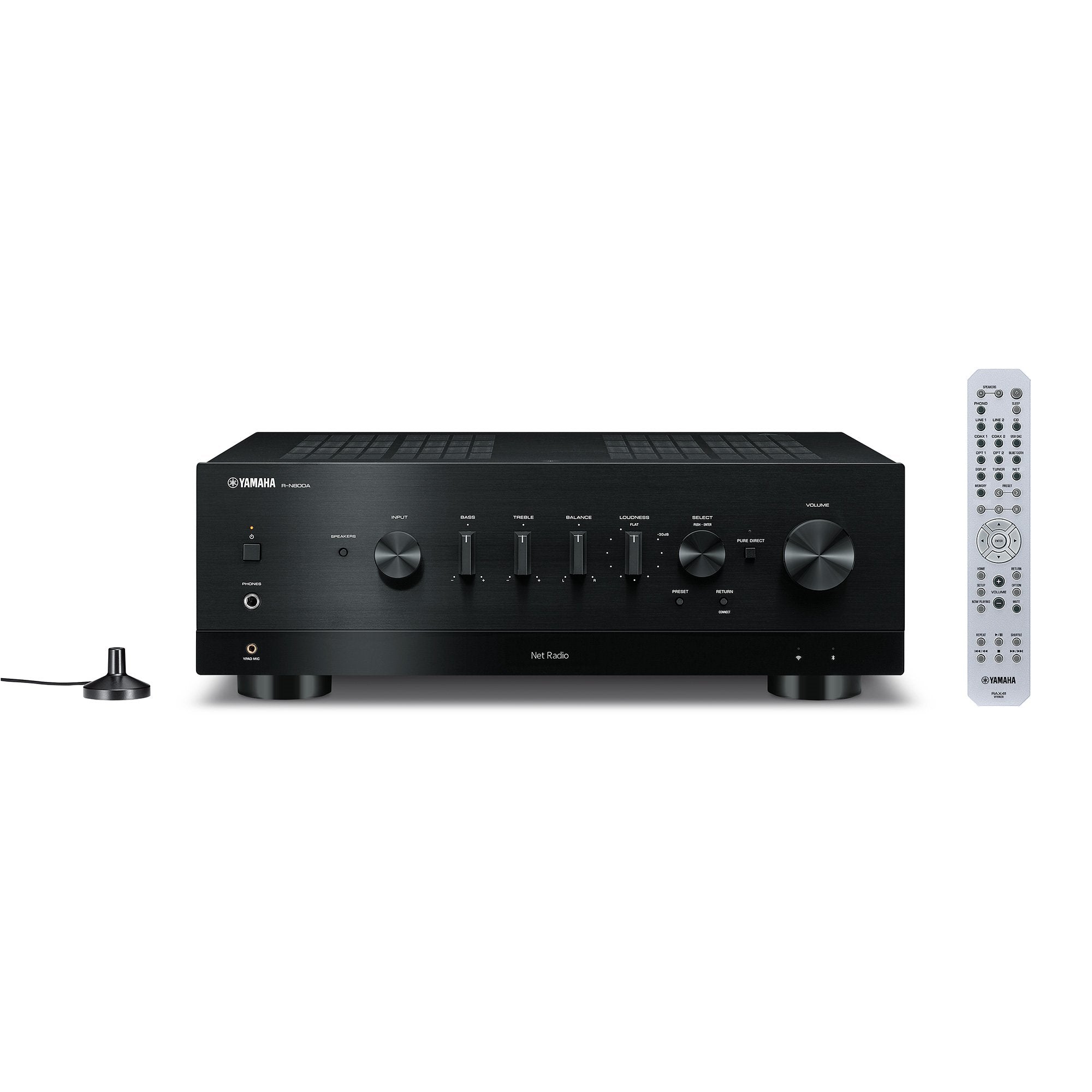 Receiver Yamaha R-N800A, negru, față, cu butoane pentru volum, bas, treble și telecomandă argintie.