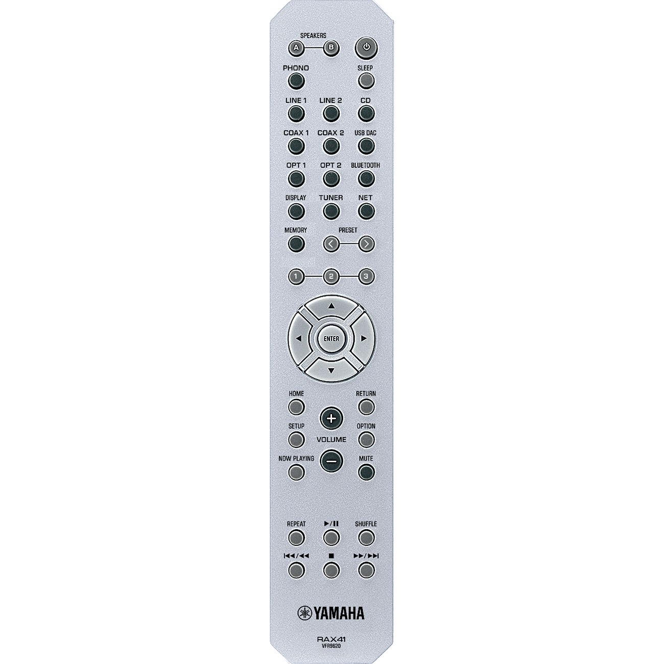 Telecomandă Yamaha R-N800A Receiver AV, argintie, vedere frontală. Include butoane pentru volum, surse audio și navigare meniu.