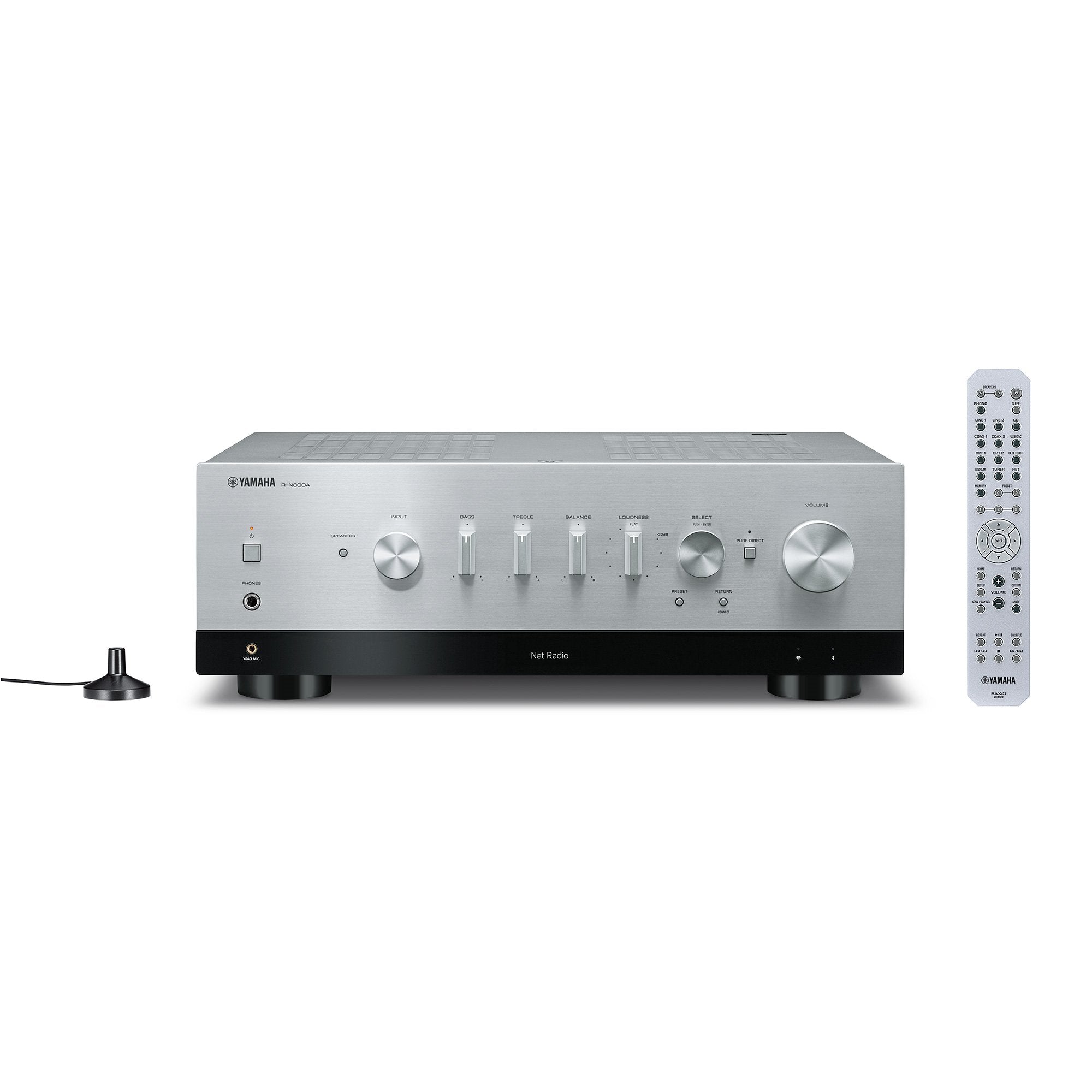 Yamaha R-N800A Receiver AV argintiu, vedere frontală. Panou cu butoane de control și telecomandă inclusă.