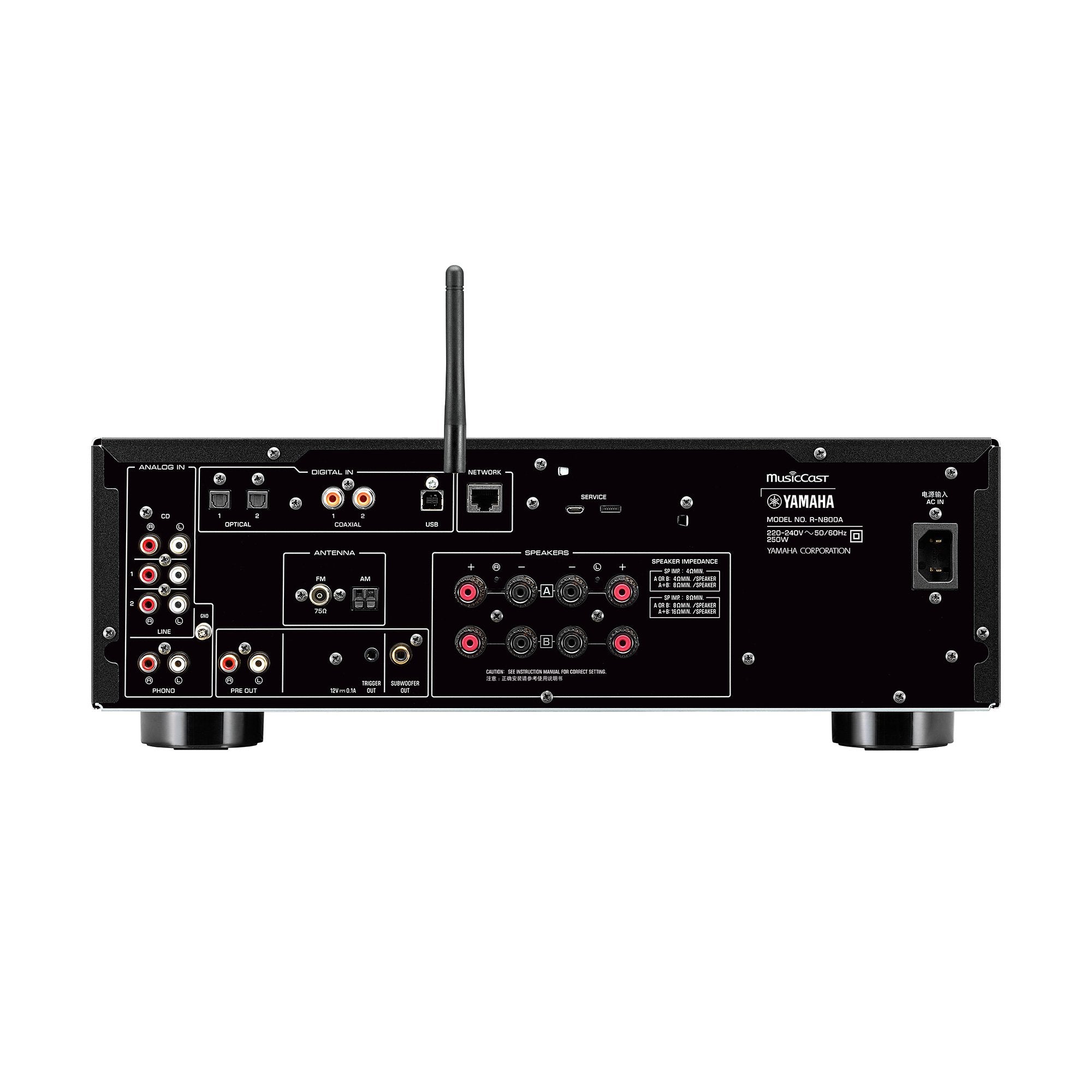 Spatele receiverului Yamaha R-N800A argintiu, arătând conexiunile digitale și analogice, incluzând porturi USB, coaxiale și optice.