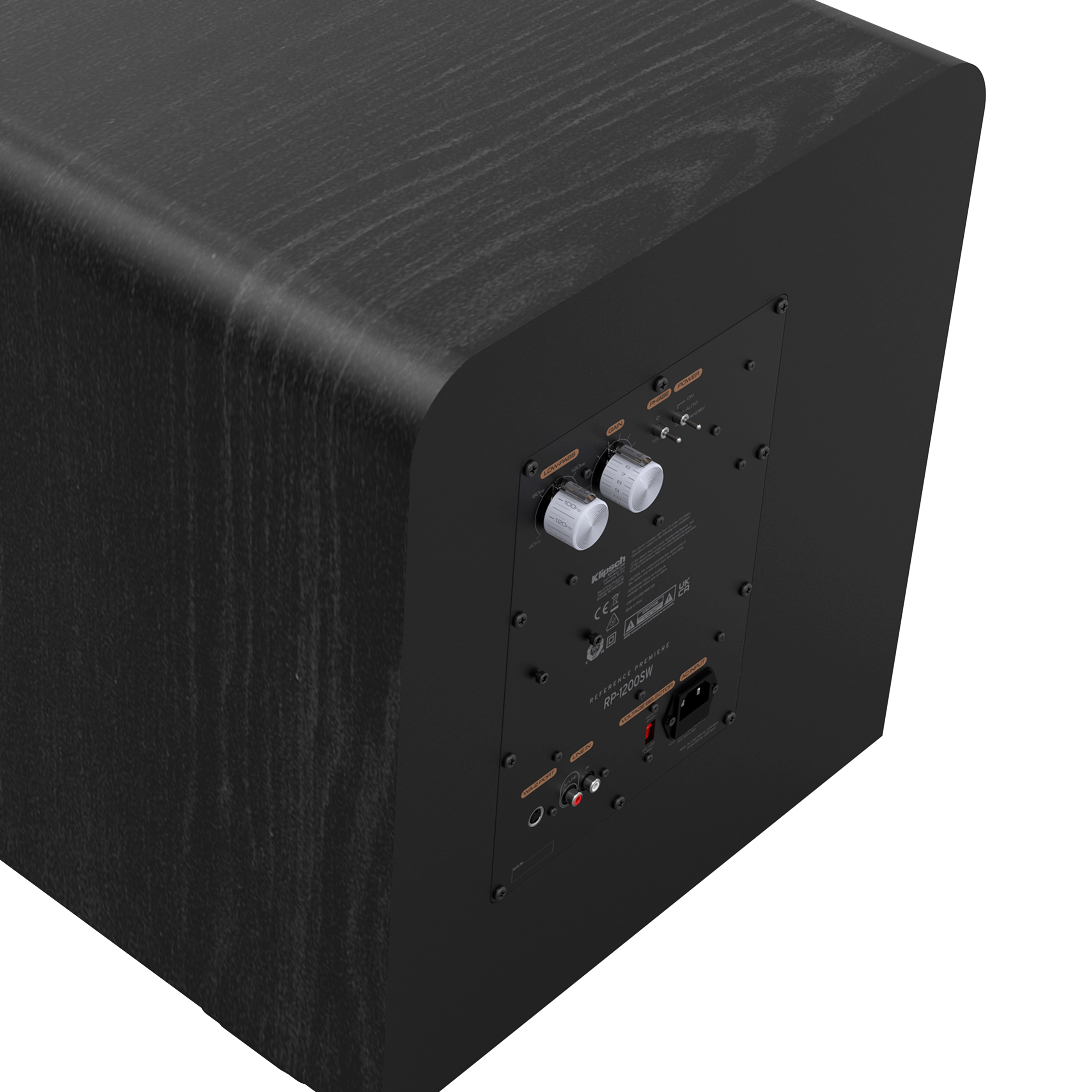 Klipsch RP-1200SW Subwoofer negru, vedere din spate unghiulară cu panou de control, butoane și porturi RCA.