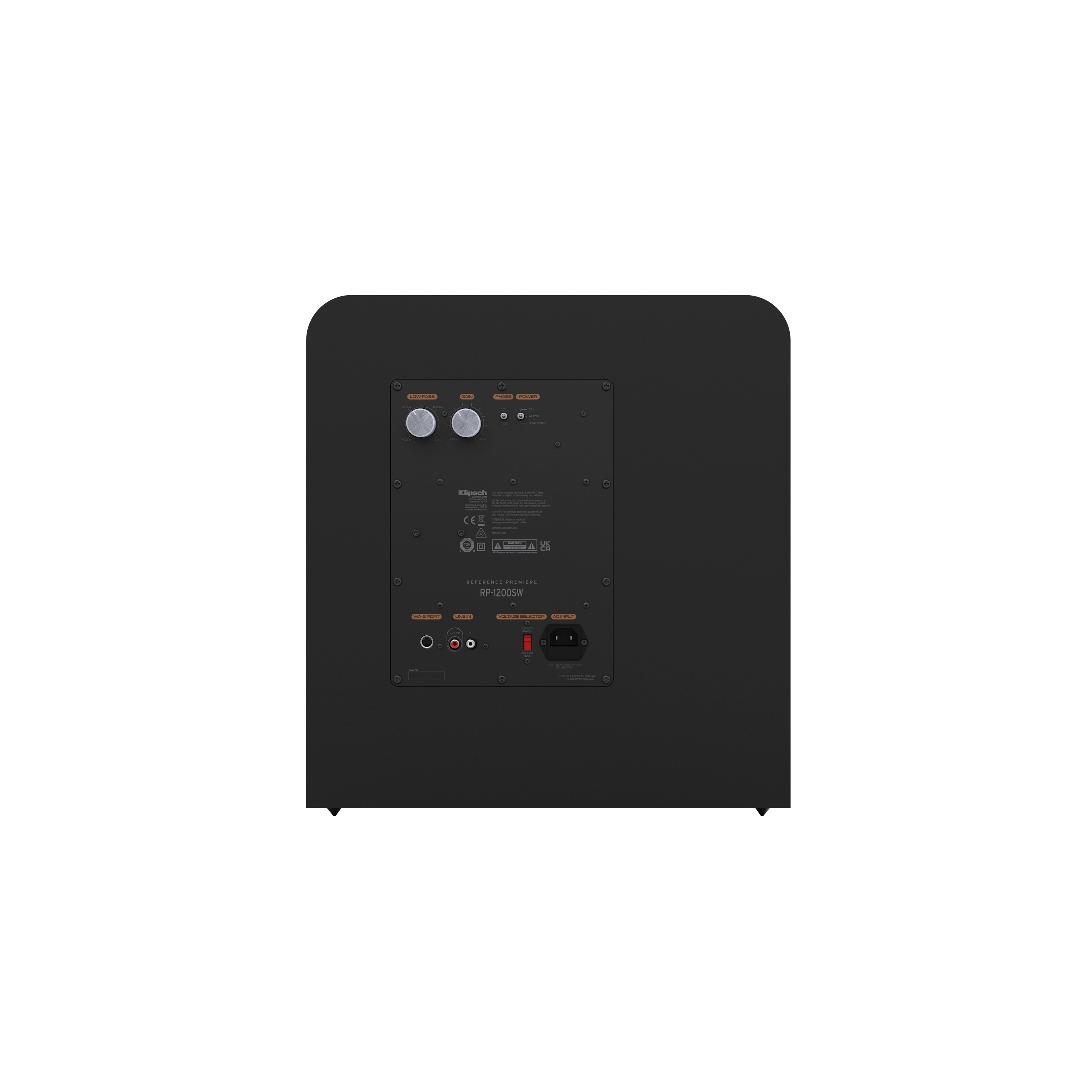 Panou spate subwoofer Klipsch RP-1200SW negru cu controale volum, crossover, intrări RCA și port alimentare.
