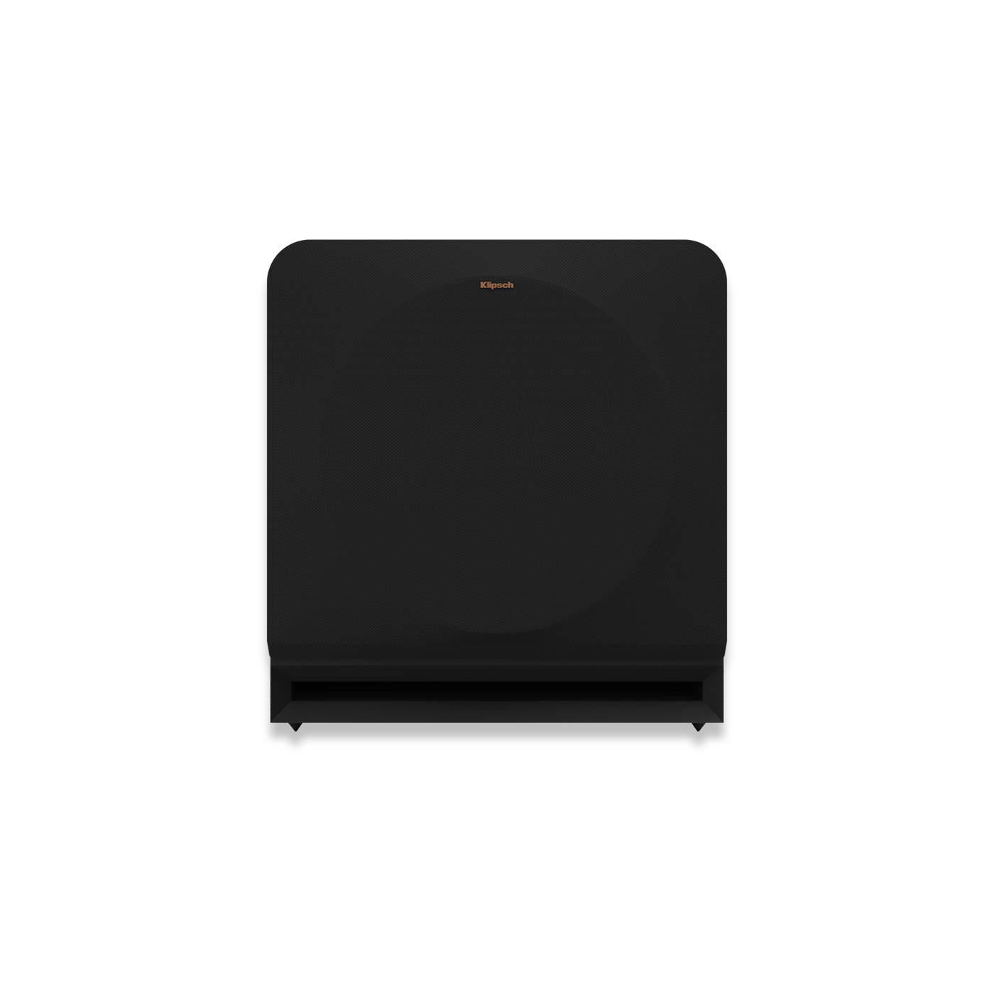 Subwoofer Klipsch RP-1200SW negru, vedere frontală cu grilaj textil și port de bass reflex vizibil jos.