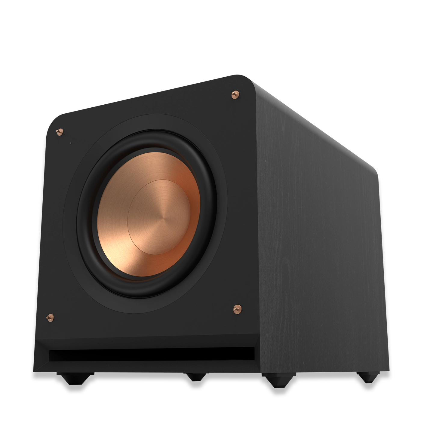 Subwoofer Klipsch RP-1200SW negru, vedere frontală laterală, difuzor cu con cupru și port bass reflex.