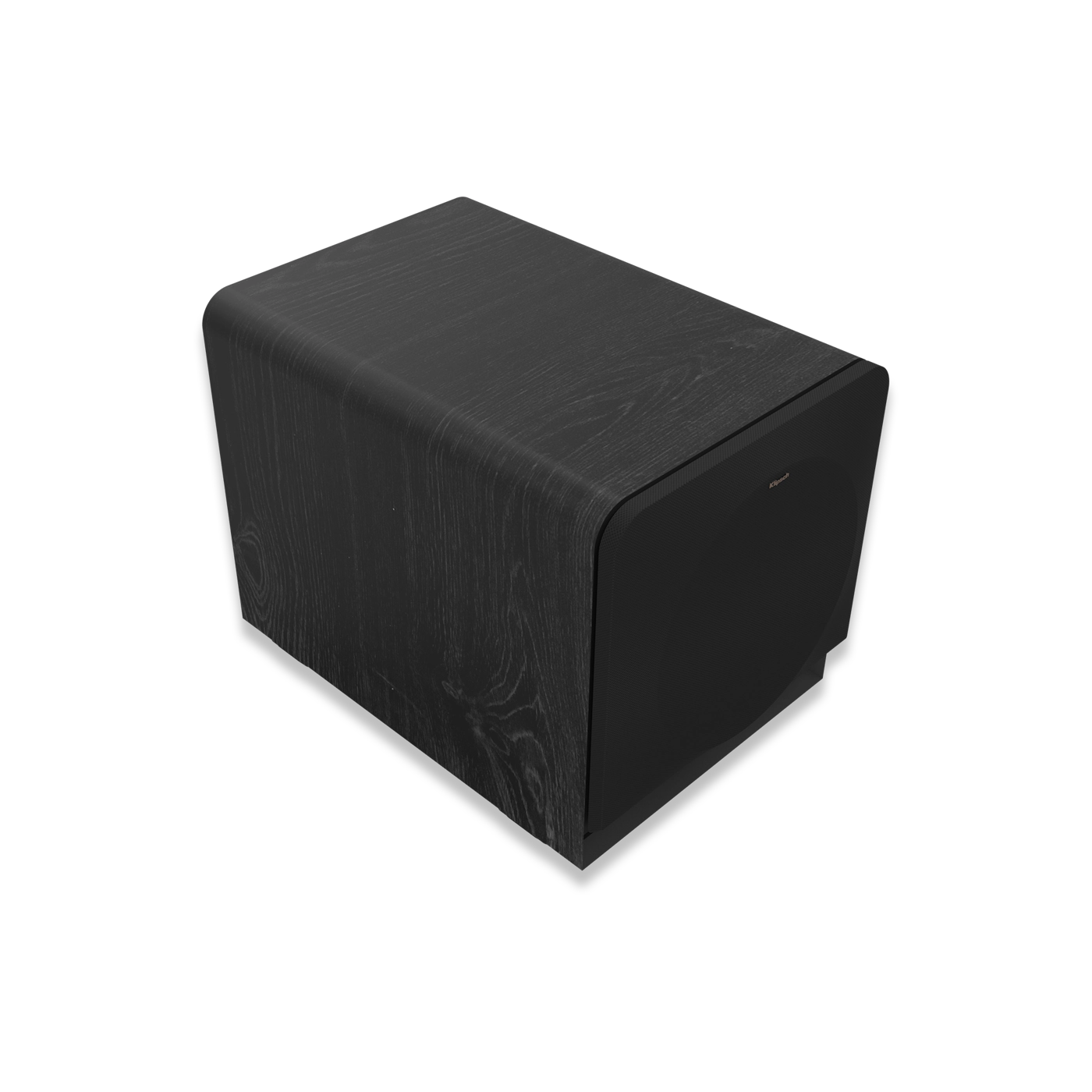 Subwoofer Klipsch RP-1200SW negru, vedere din unghi superior lateral stânga, grilaj frontal vizibil.