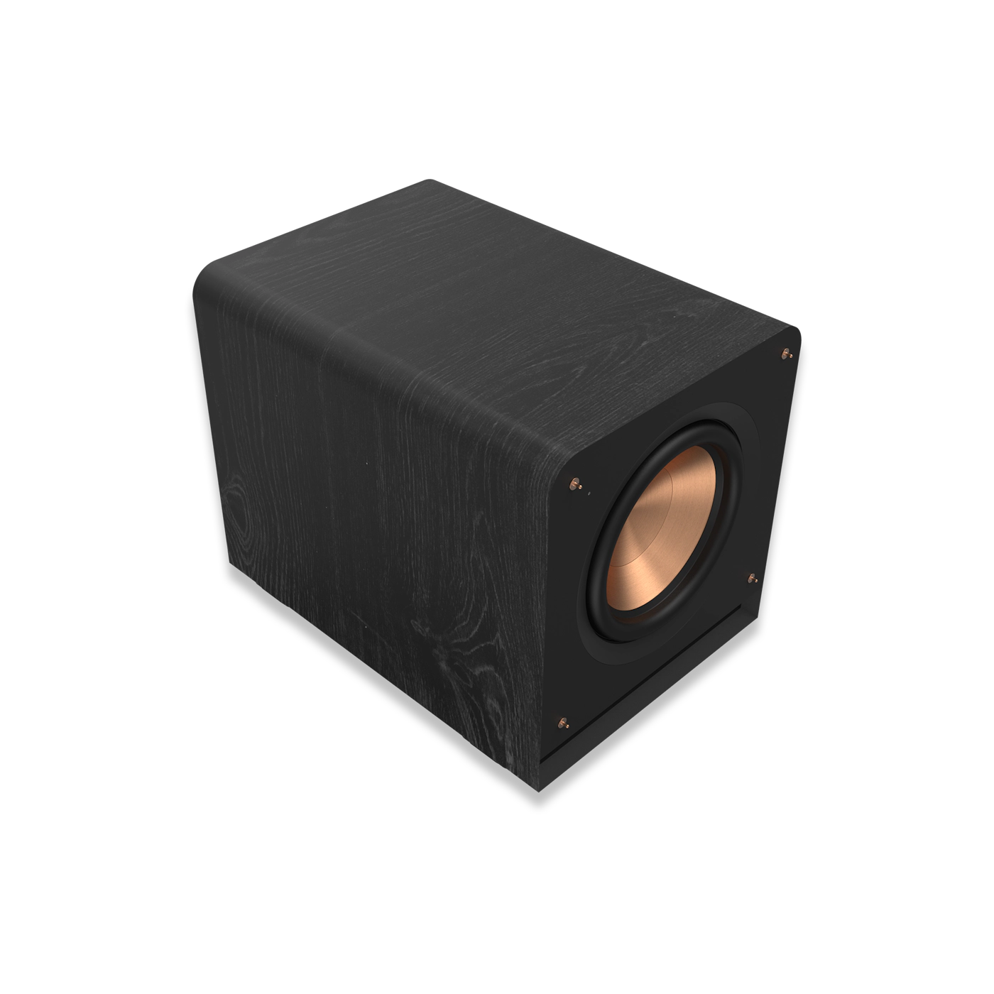 Subwoofer Klipsch RP-1200SW negru, vedere din unghi superior față-stânga, cu difuzor de 12" expus.