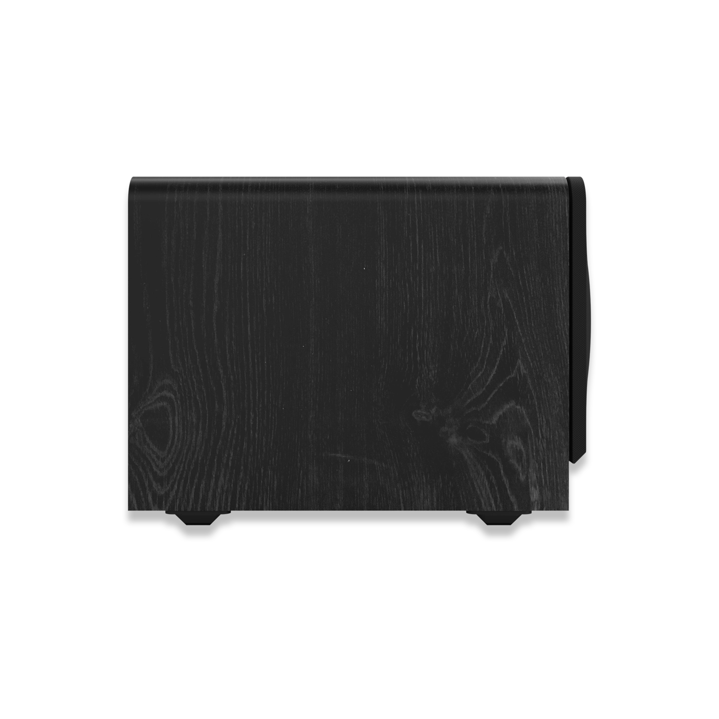 Vedere laterală subwoofer Klipsch RP-1200SW, finisaj negru cu textură lemn, carcasă MDF vizibilă.