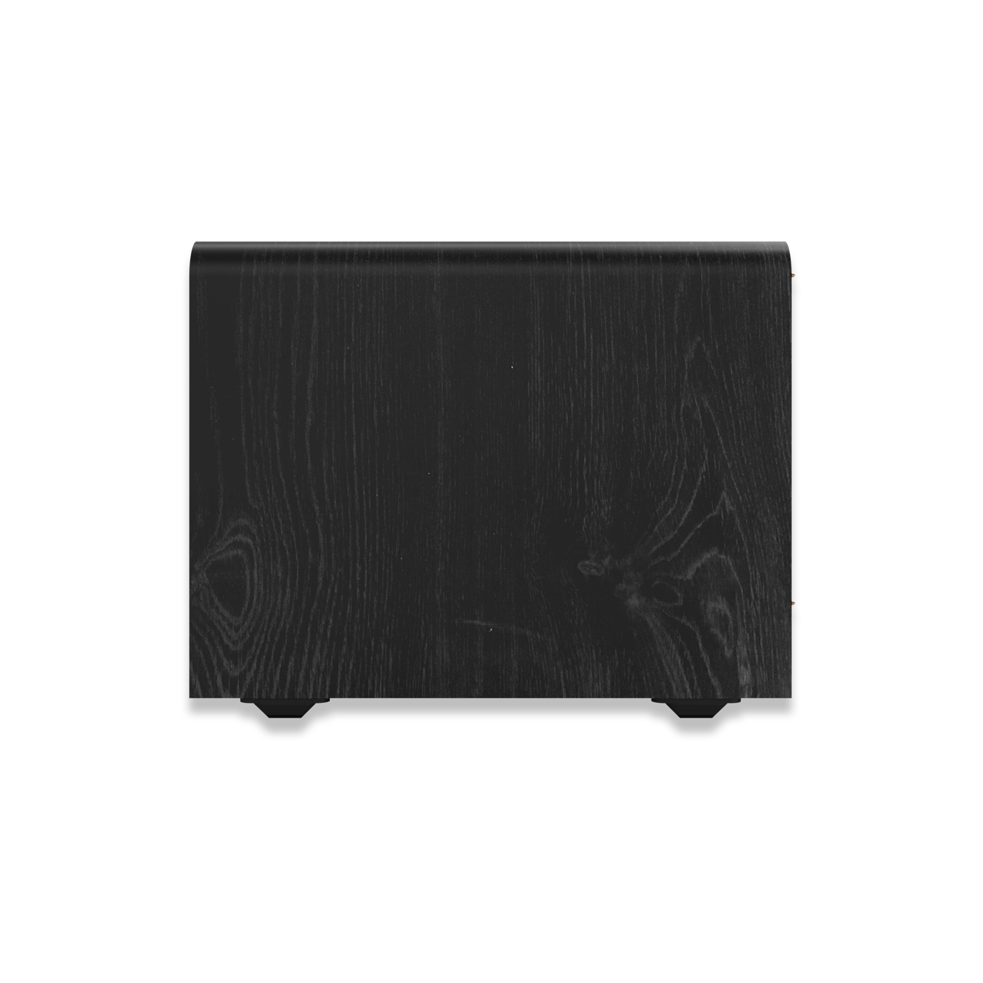Vedere laterală a subwooferului Klipsch RP-1200SW, finisaj negru cu textură de lemn vizibilă.