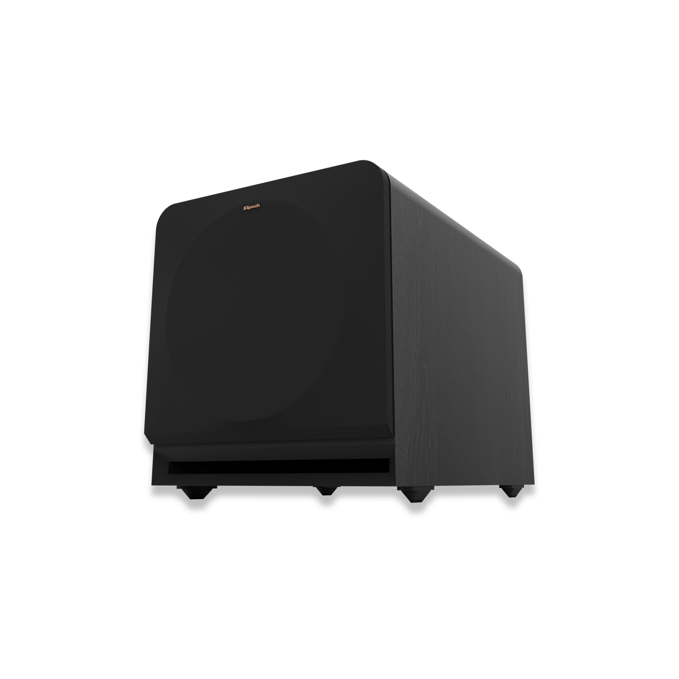 Subwoofer Klipsch RP-1200SW negru, vedere frontală laterală, grilaj frontal și port de bass vizibile.