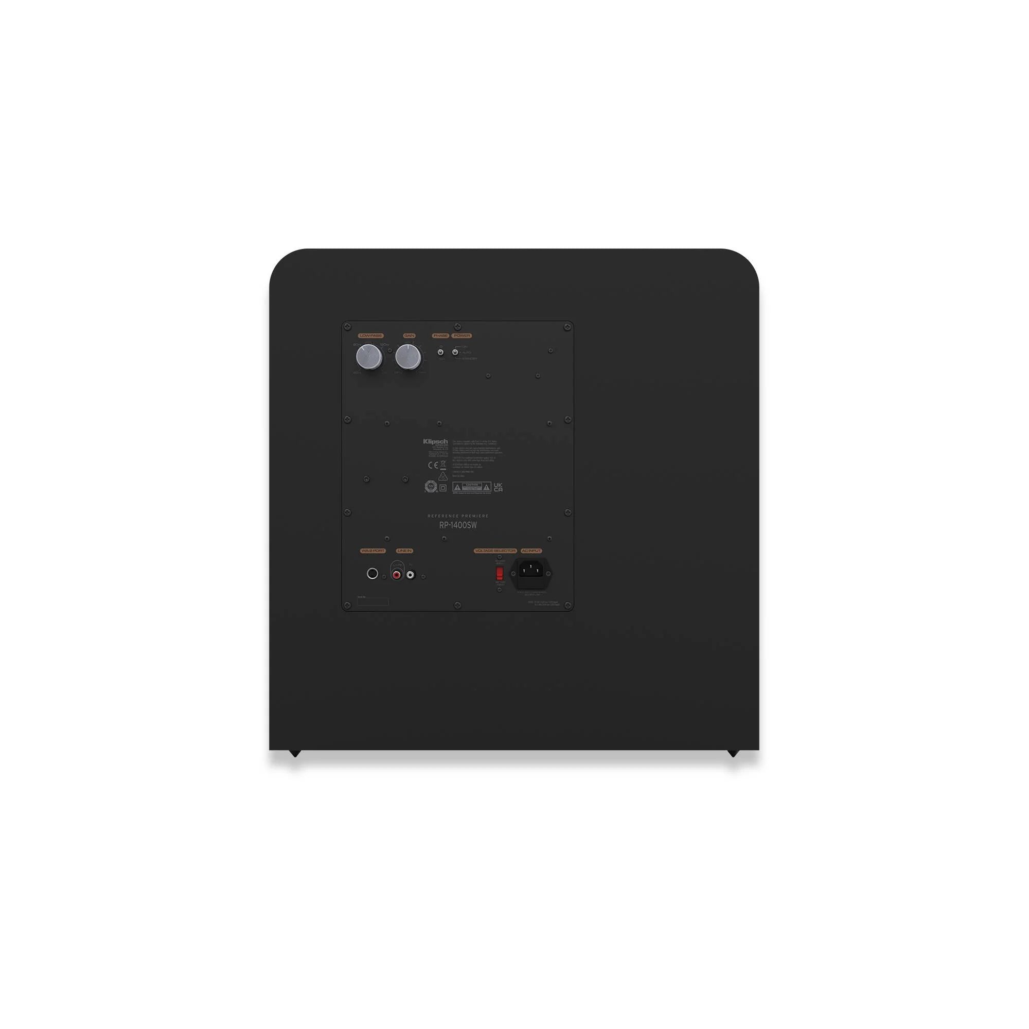 Panou spate subwoofer Klipsch RP-1000SW negru, cu controale de volum, intrări RCA și port alimentare.
