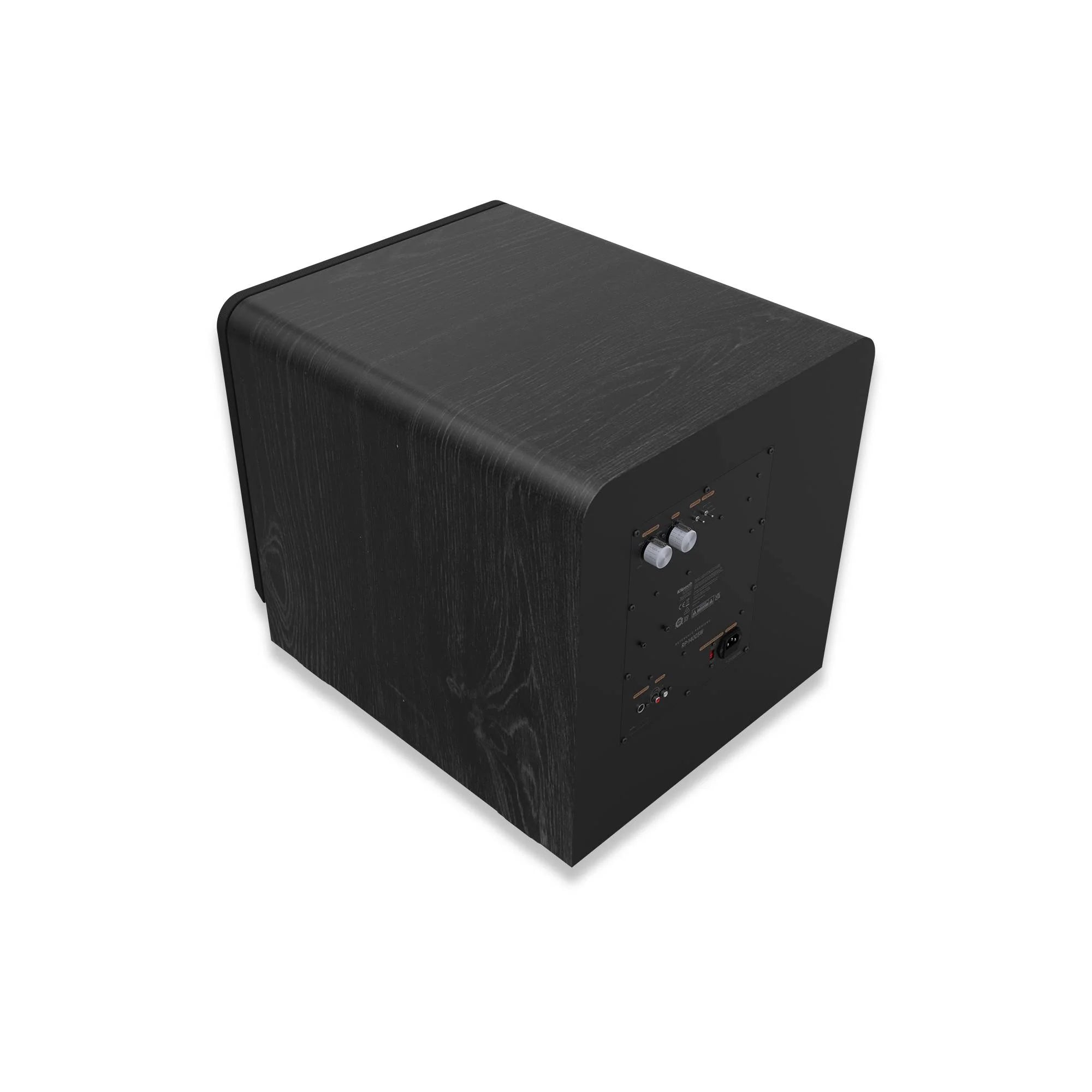 Subwoofer Klipsch RP-1000SW negru, vedere din spate-stânga, panou de control și porturi vizibile.