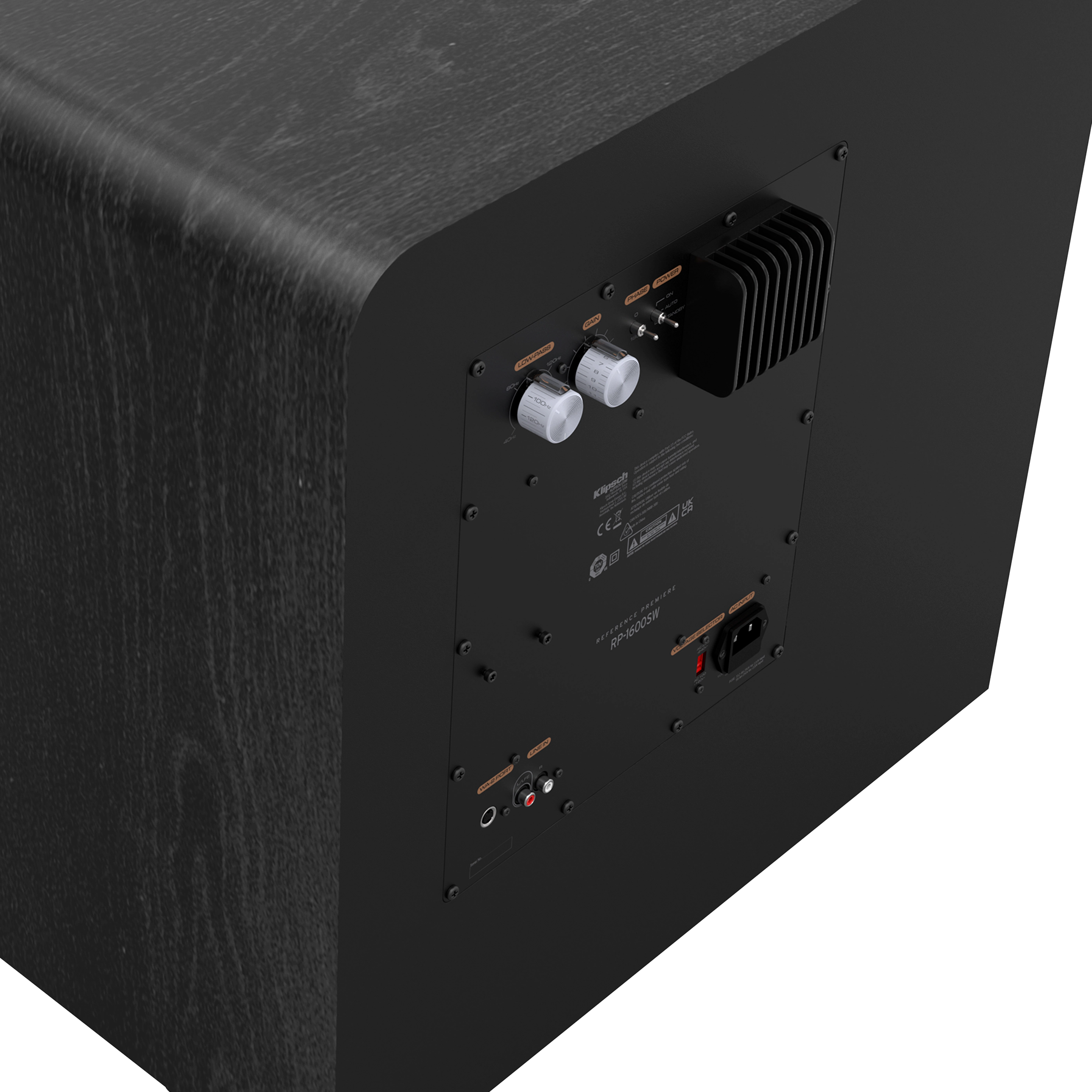Spate subwoofer Klipsch RP-1600SW negru, unghi din spate, cu porturi RCA, reglaje volum și radiator.