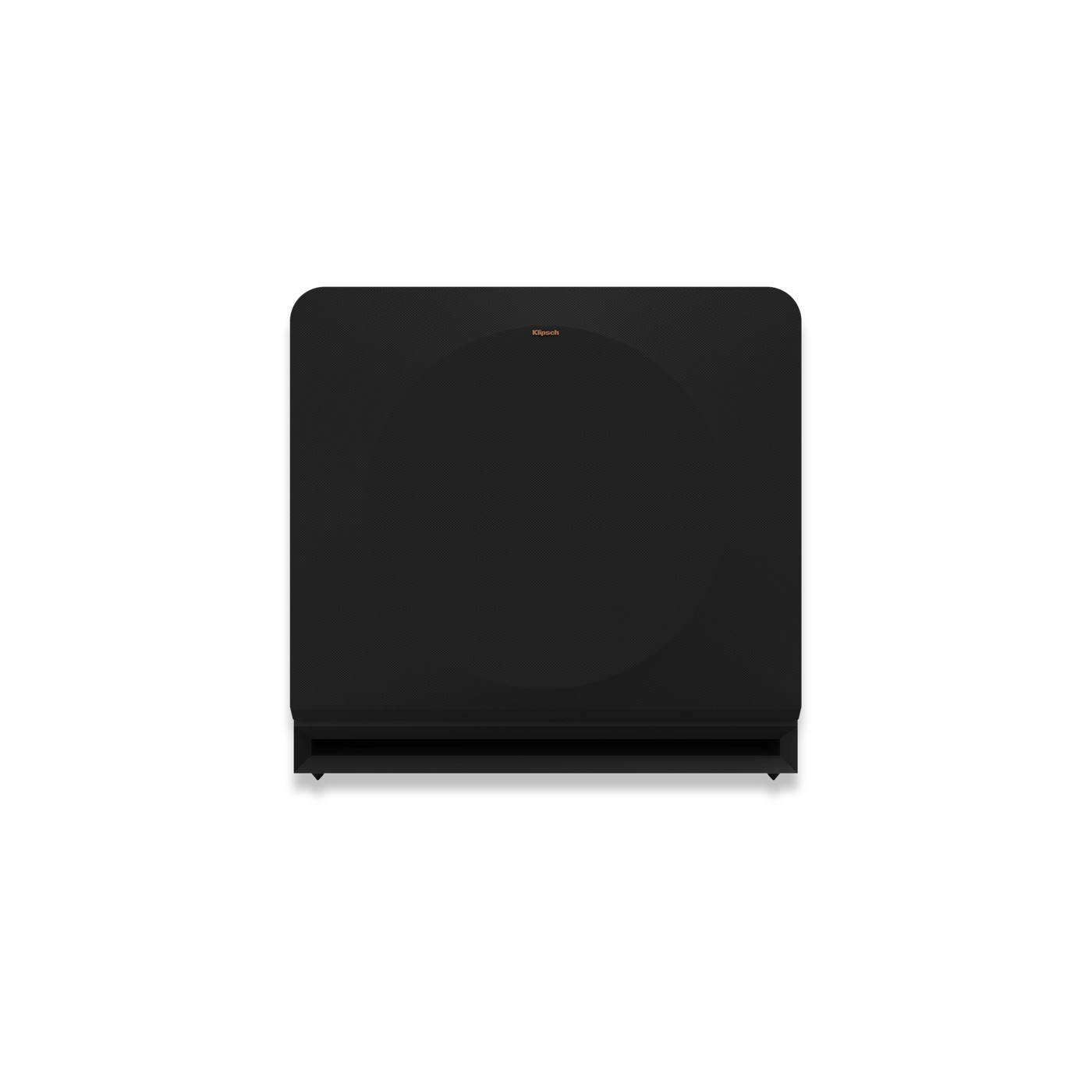 Subwoofer Klipsch RP-1600SW negru, vedere frontală, grilaj frontal montat și port bass reflex vizibil.