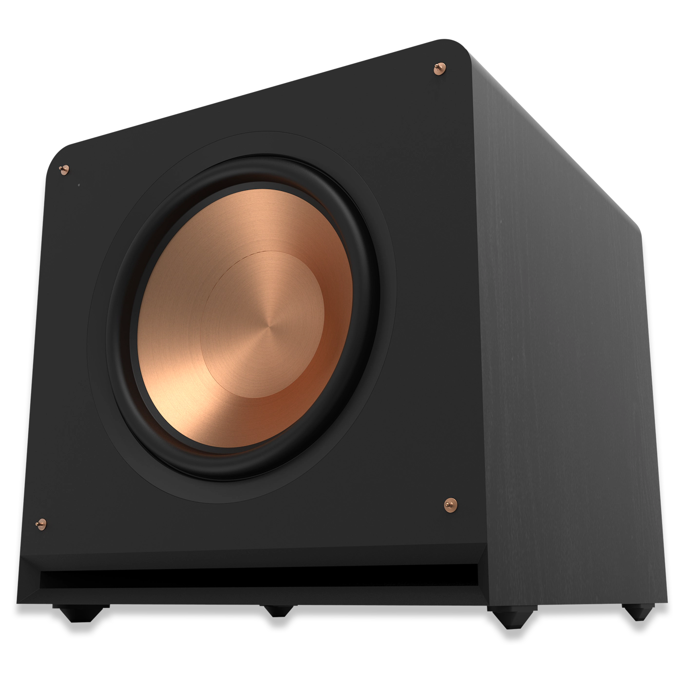 Subwoofer Klipsch RP-1600SW negru, vedere frontală din unghi, difuzor de 16" cu con din cupru vizibil.